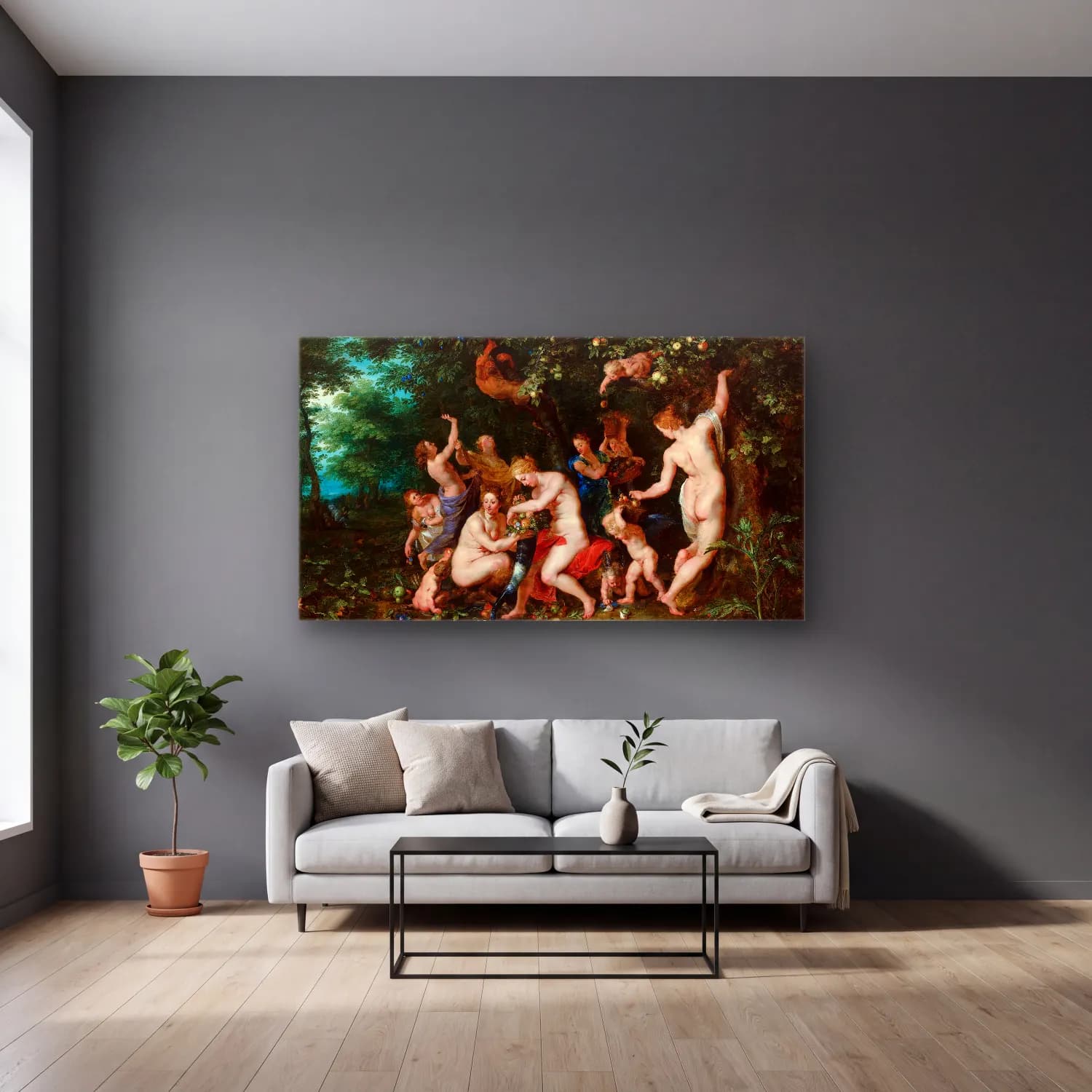 Peter Paul Rubens – Nymphs Filling The Cornucopia cam tablo — gri duvarlı salonda