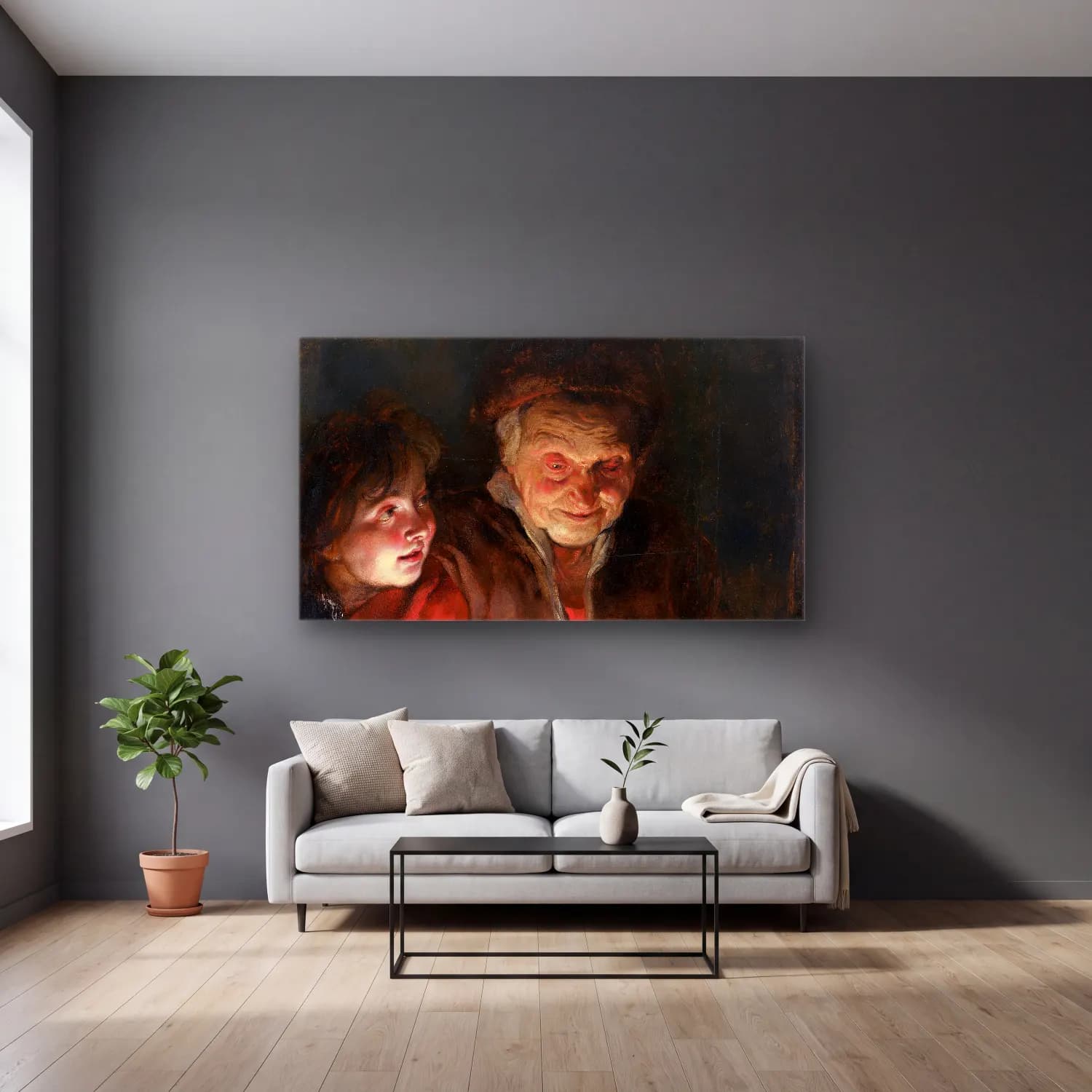 Peter Paul Rubens – Old Woman and Boy with Candles cam tablo — gri duvarlı salonda