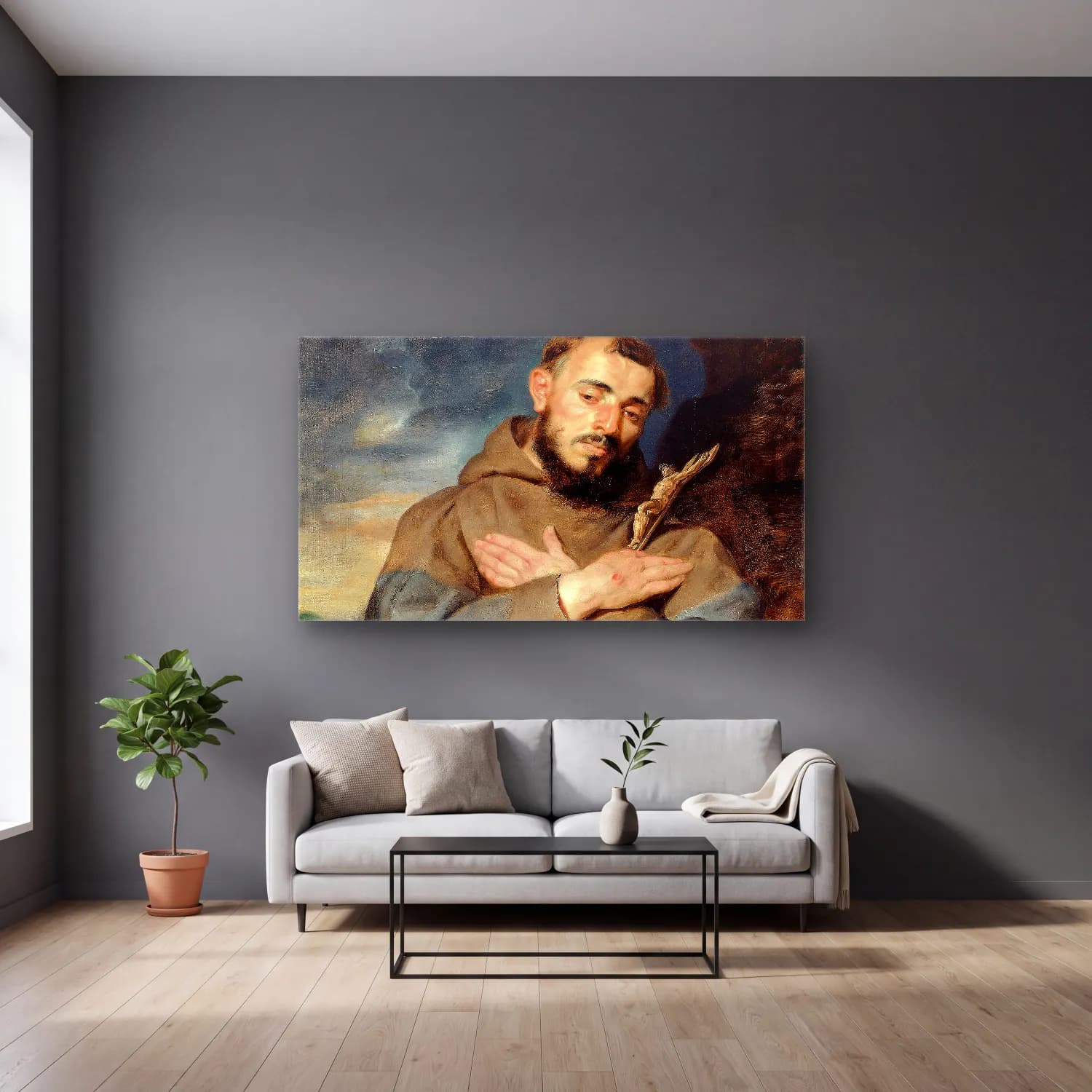 Peter Paul Rubens – Saint Francis cam tablo — gri duvarlı salonda