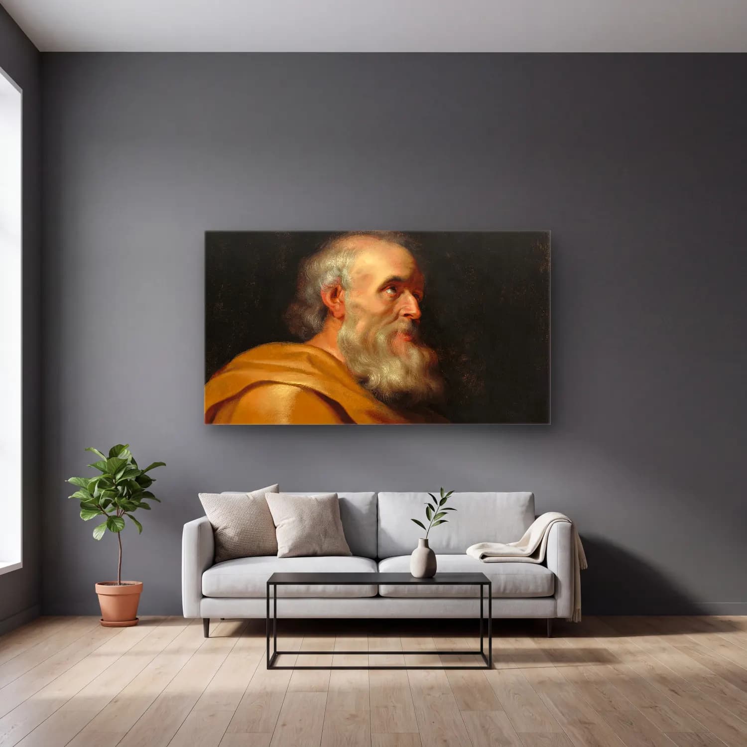 Peter Paul Rubens – Saint Peter cam tablo — gri duvarlı salonda