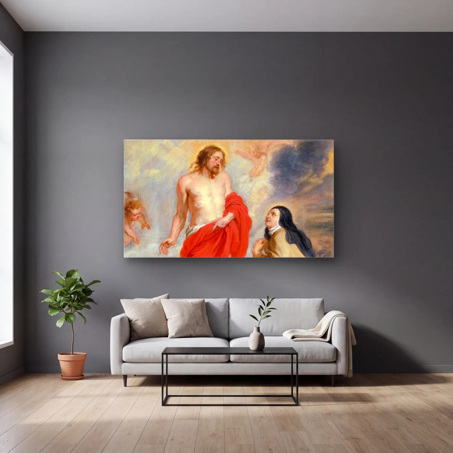 Peter Paul Rubens – Saint Teresa of Ávila Interceding for Souls in Purgatory cam tablo — gri duvarlı salonda