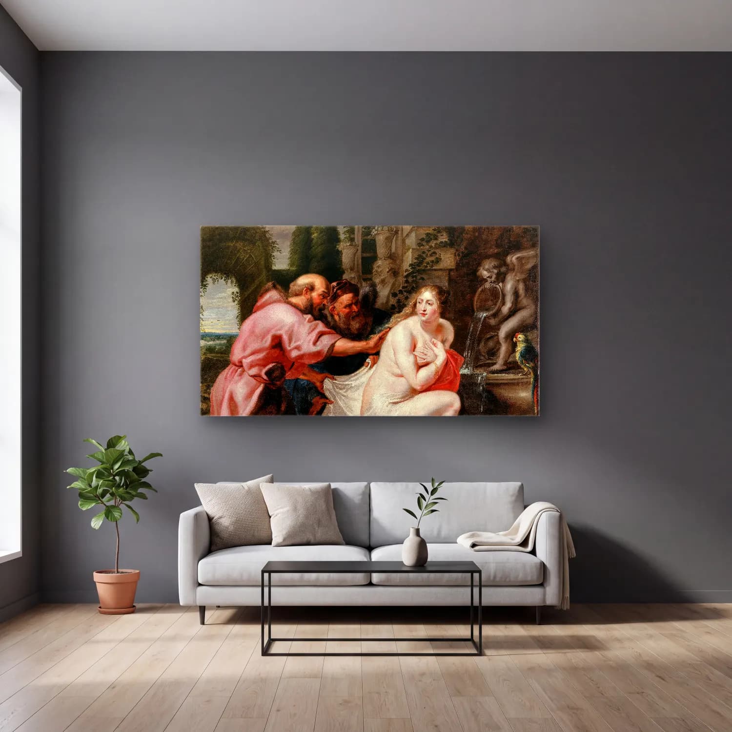 Peter Paul Rubens – Susanna and the Elders – Pembe Tonlar cam tablo — gri duvarlı salonda