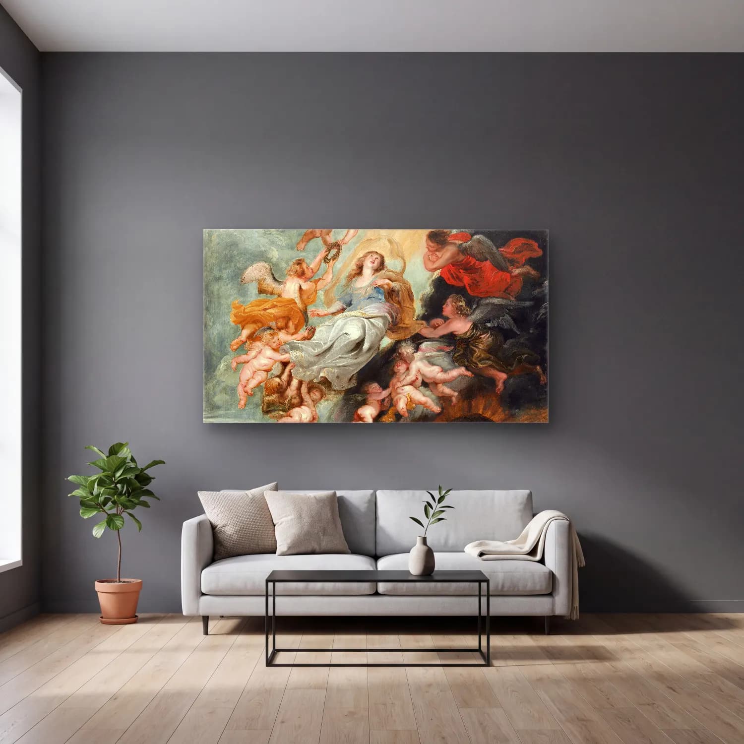 Peter Paul Rubens – The Assumption of the Virgin (probably mid 1620s) cam tablo — gri duvarlı salonda