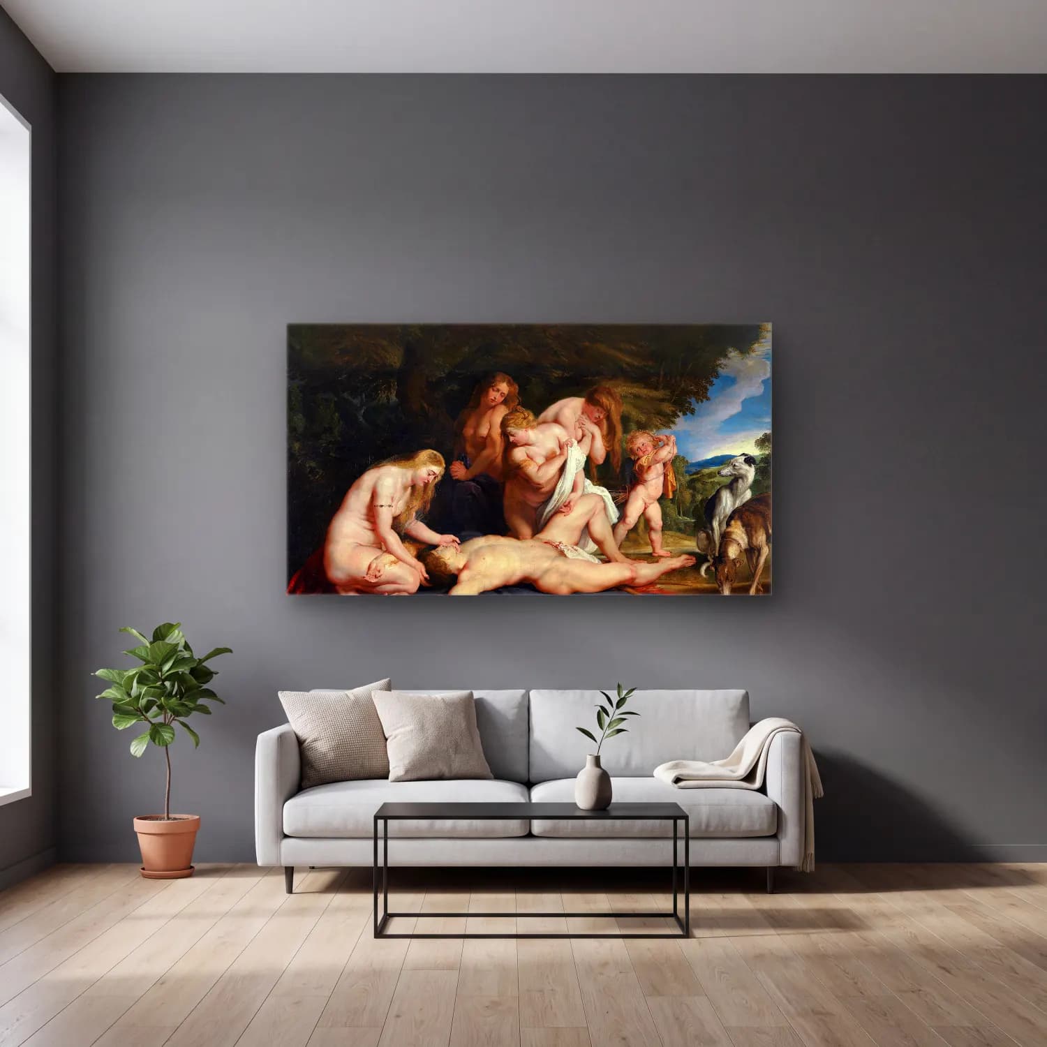 Peter Paul Rubens – The Death of Adonis (With Venus, Cupid, and The Three… cam tablo — gri duvarlı salonda