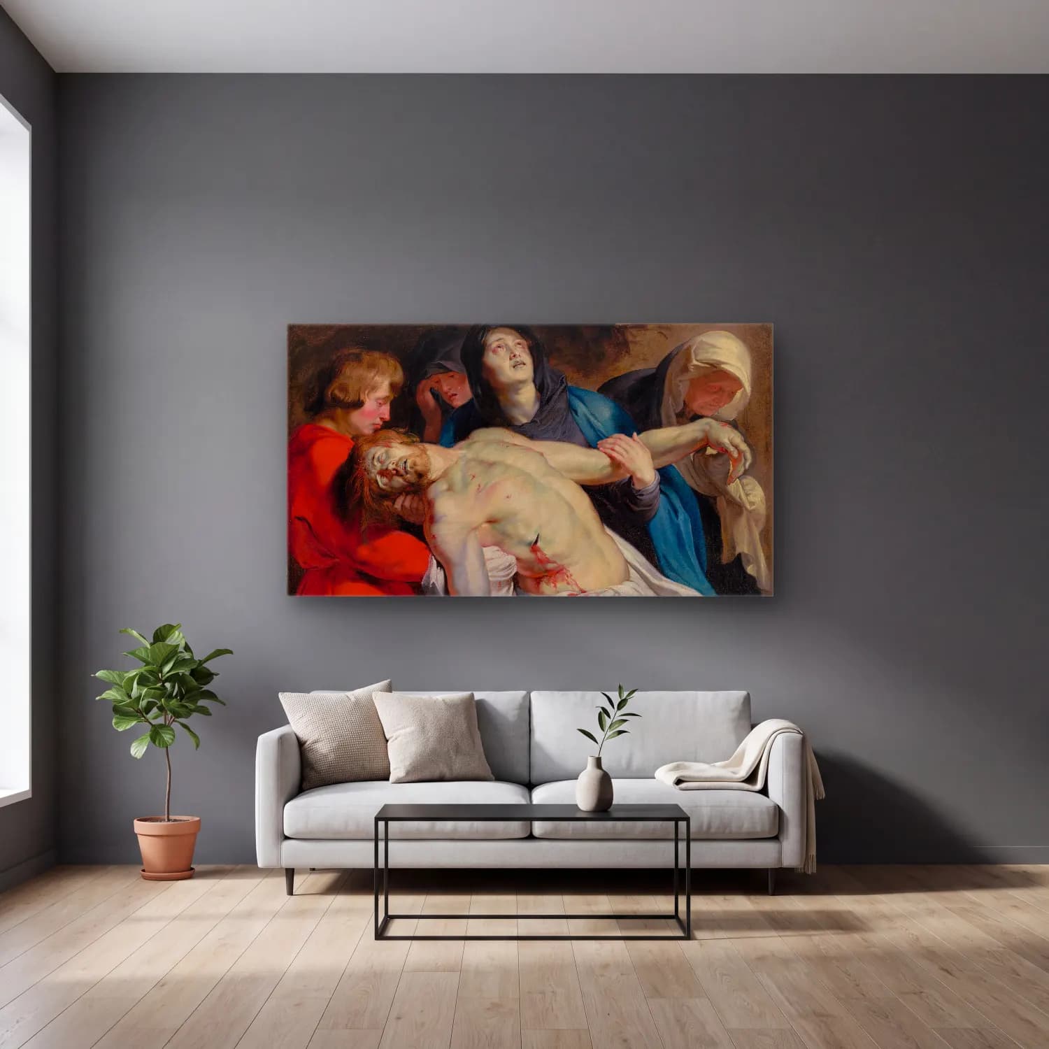 Peter Paul Rubens – The Entombment cam tablo — gri duvarlı salonda