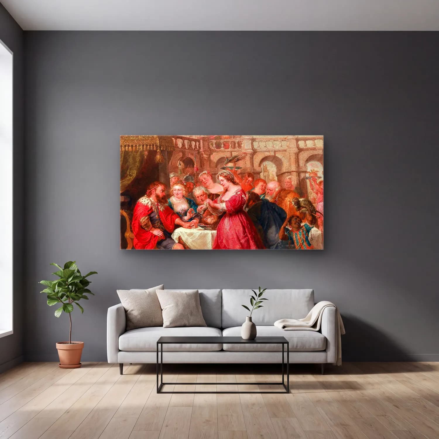 Peter Paul Rubens – The Feast of Herod (circa 1638–40) cam tablo — gri duvarlı salonda
