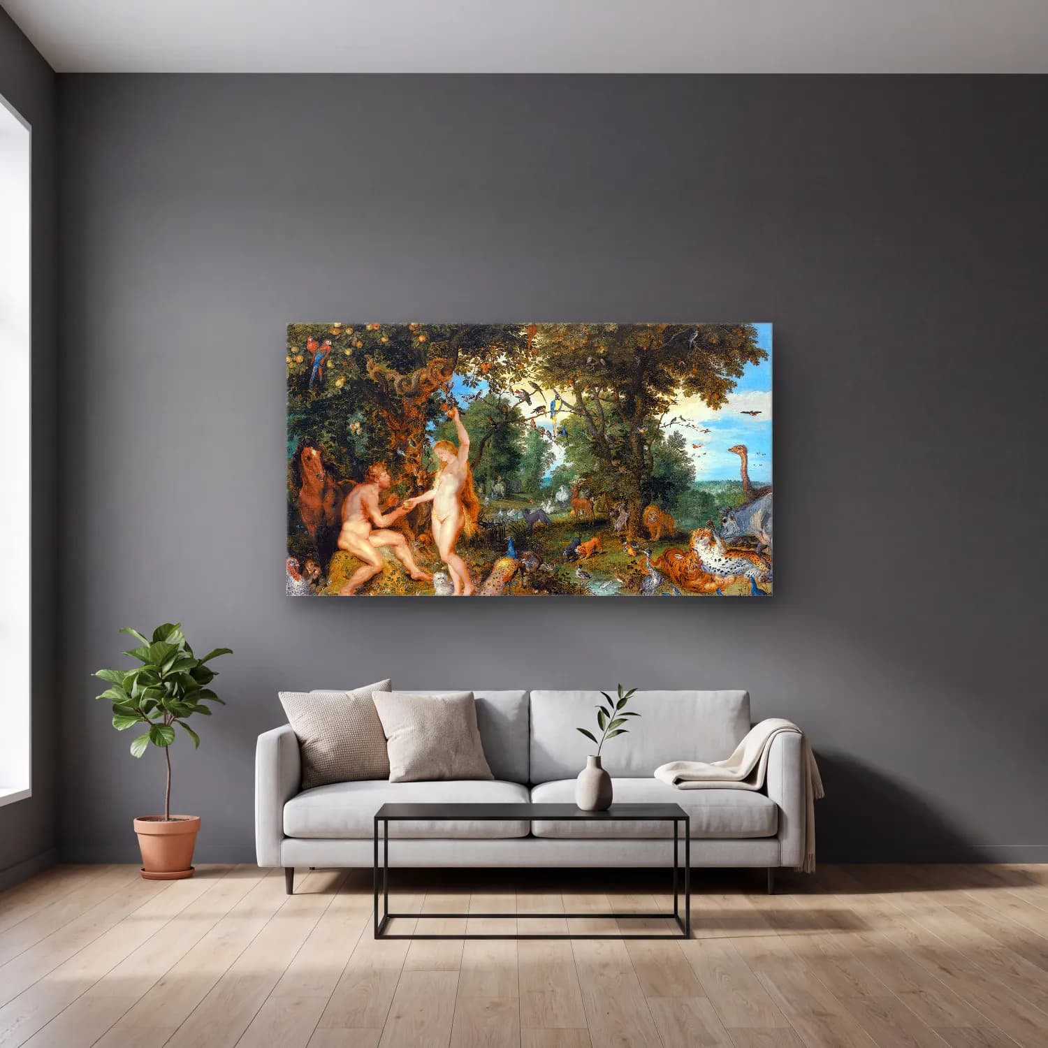Peter Paul Rubens – The Garden of Eden with the Fall of Man cam tablo — gri duvarlı salonda