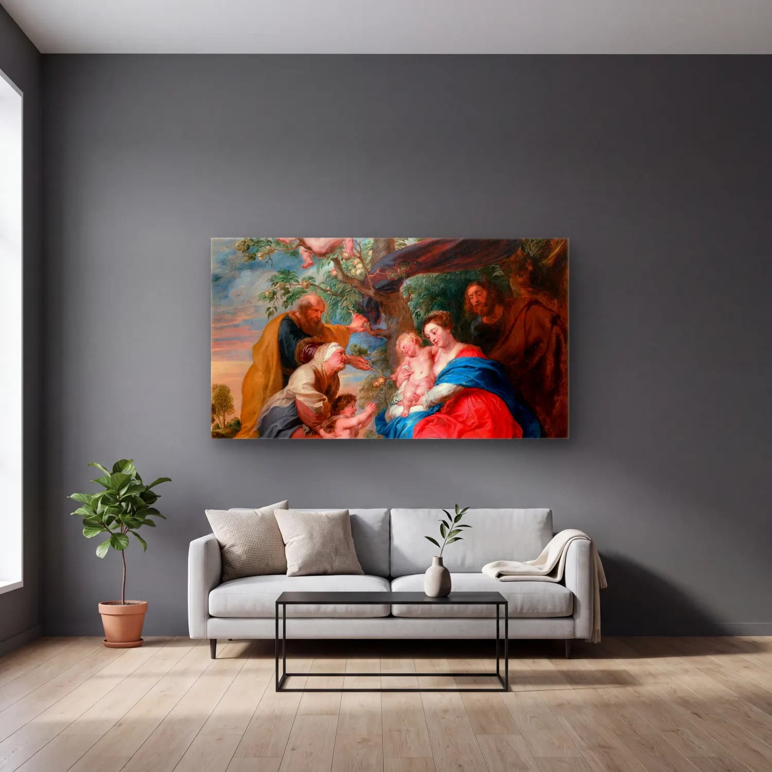 Peter Paul Rubens – The Holy Family Under An Apple Tree cam tablo — gri duvarlı salonda