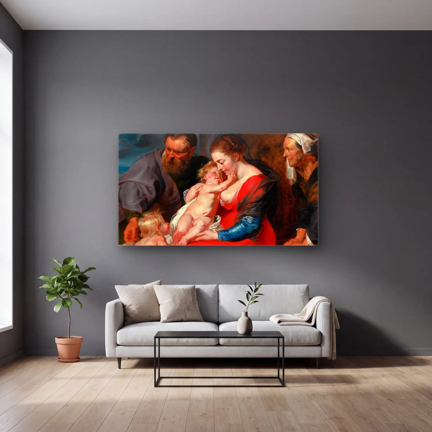 Peter Paul Rubens – The Holy Family with Saints Elizabeth and John the Baptist cam tablo — gri duvarlı salonda
