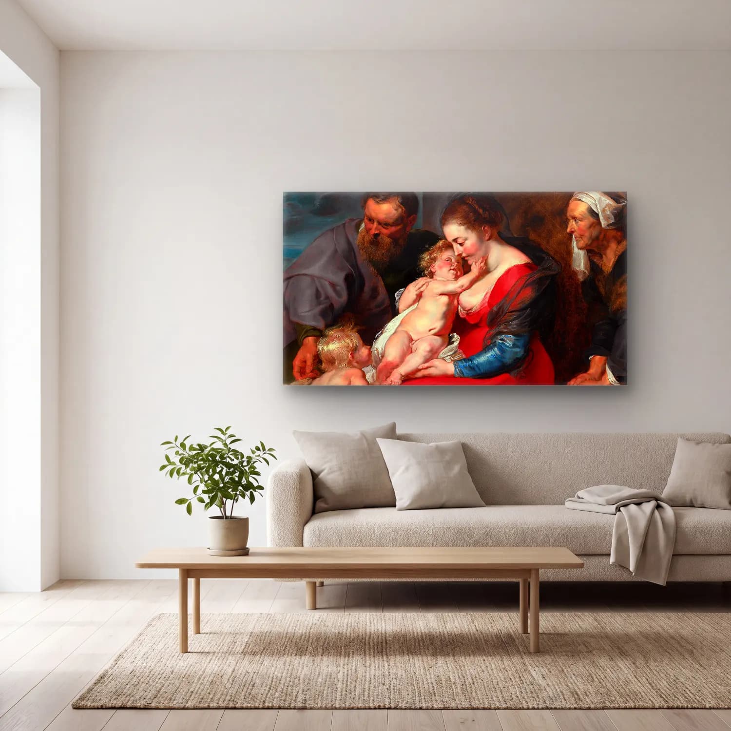 Peter Paul Rubens – The Holy Family with Saints Elizabeth and John the Baptist cam tablo — açık renk salonda