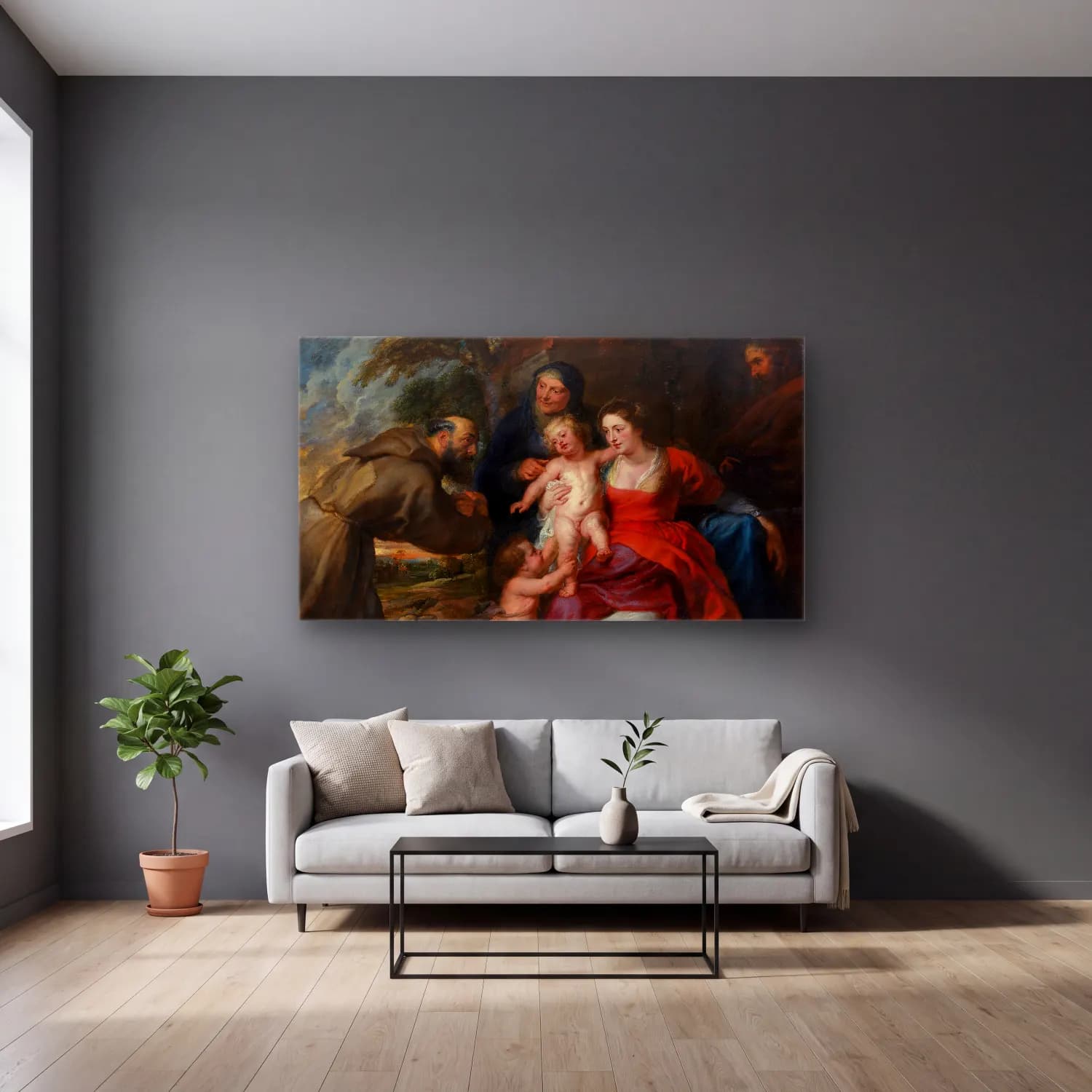Peter Paul Rubens – The Holy Family with Saints Francis and Anne and the Infant… cam tablo — gri duvarlı salonda