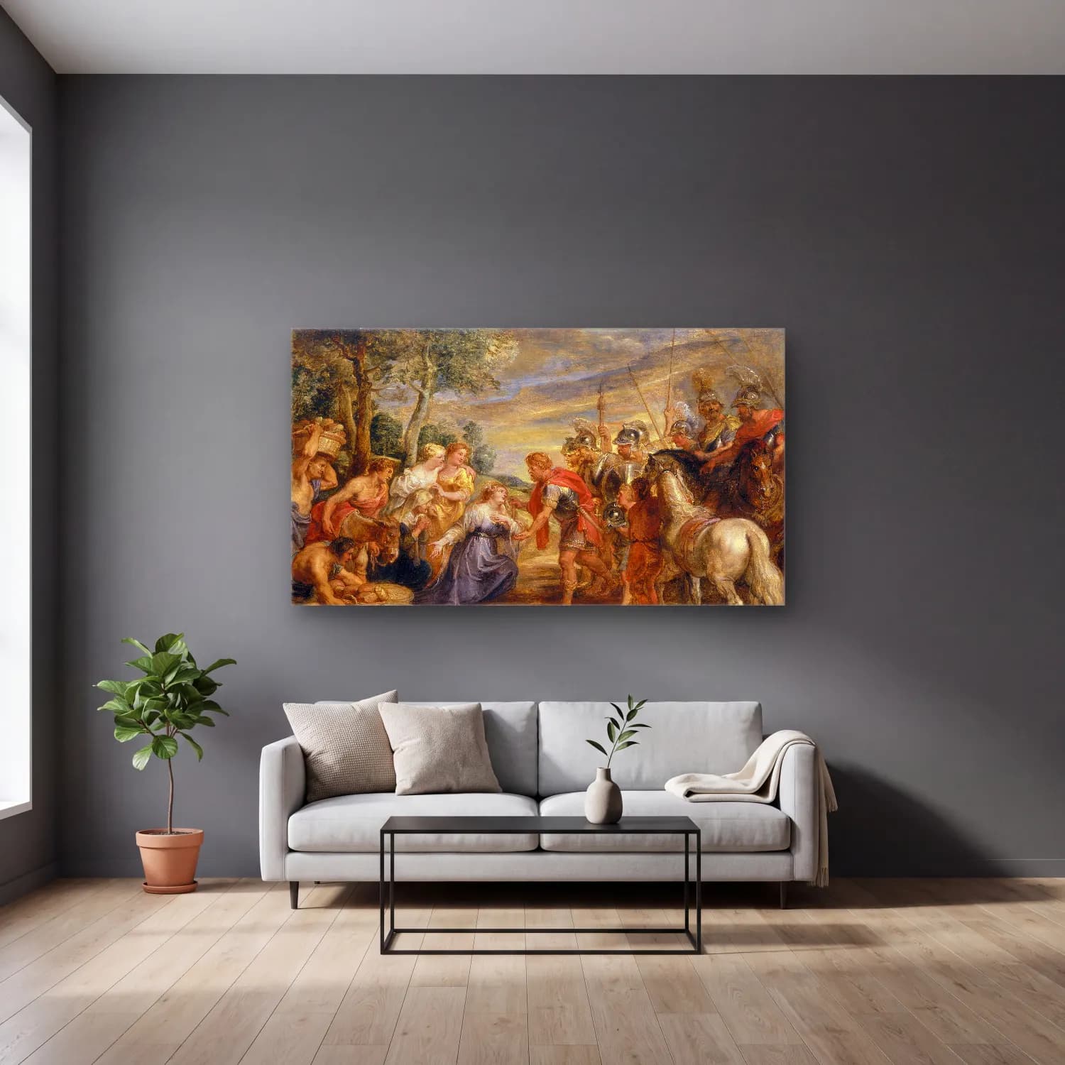 Peter Paul Rubens – The Meeting of David and Abigail cam tablo — gri duvarlı salonda