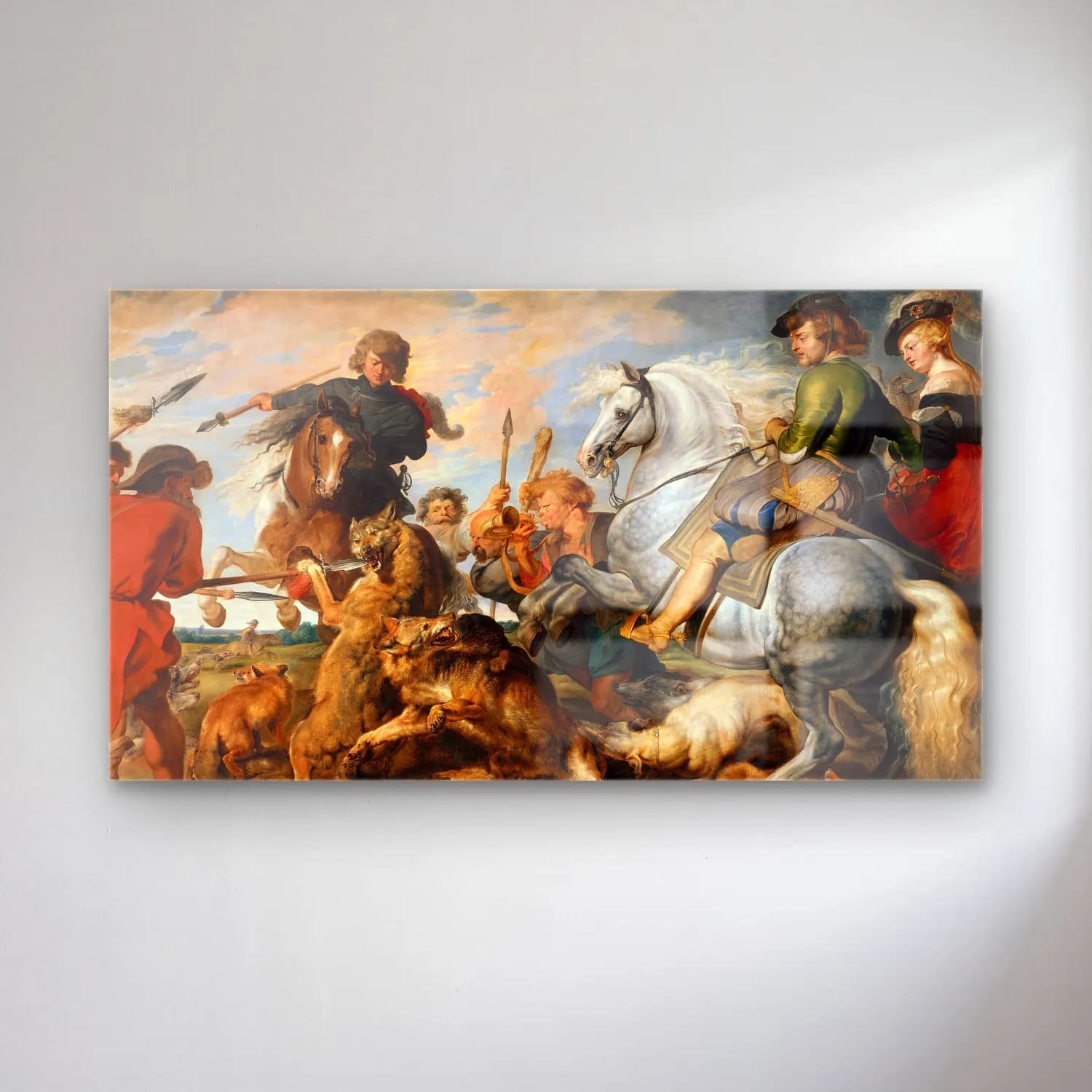 Peter Paul Rubens – Wolf and Fox Hunt (ca. 1616) cam tablo — Peter Paul Rubens – Wolf and Fox Hunt (ca. 1616) — yağlı boya savaş sahnesi