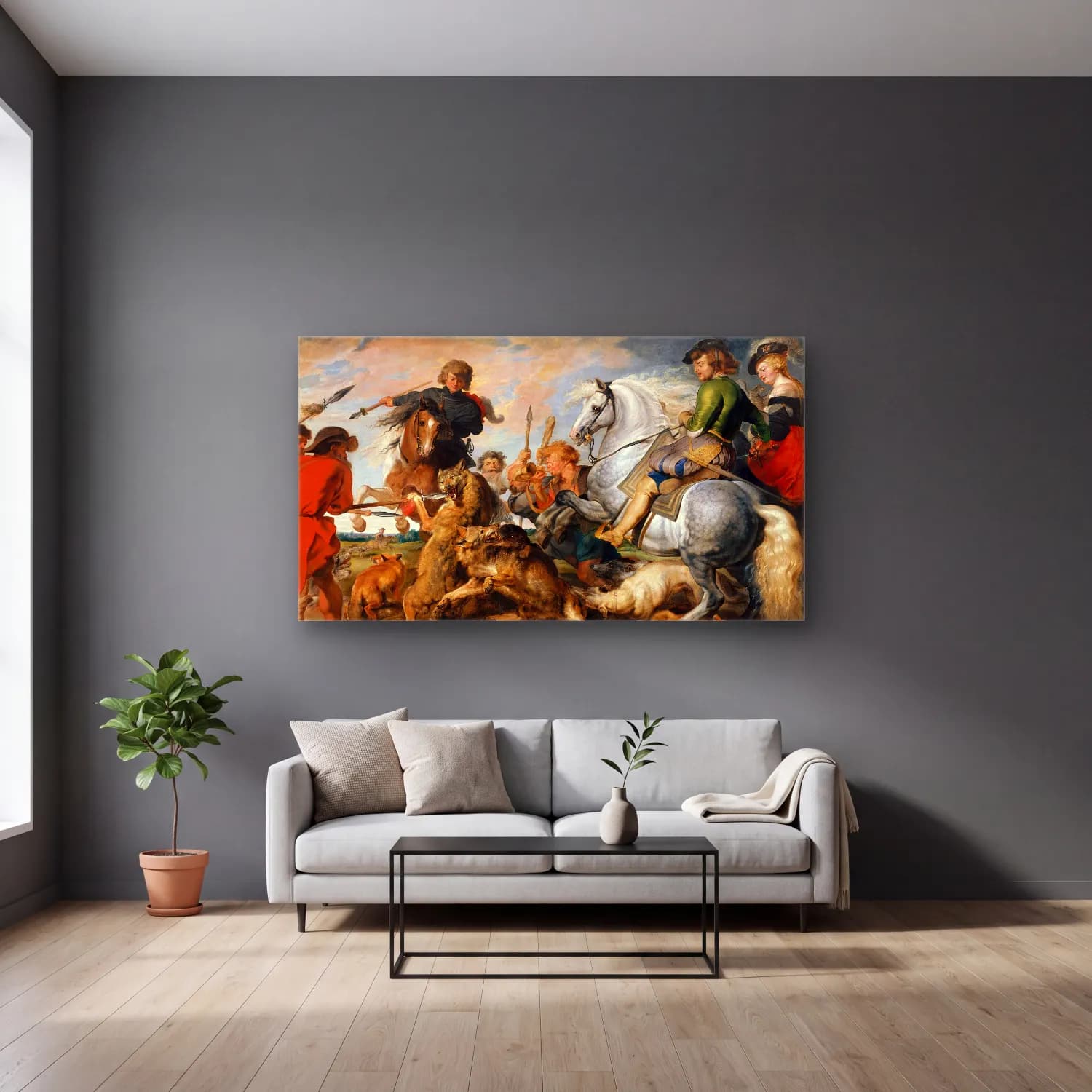 Peter Paul Rubens – Wolf and Fox Hunt (ca. 1616) cam tablo — gri duvarlı salonda