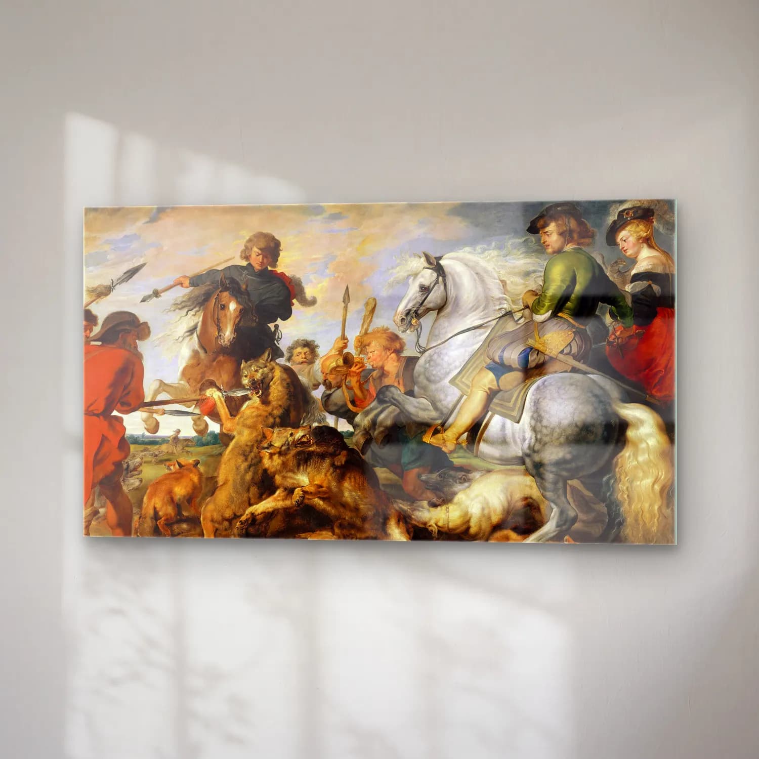 Peter Paul Rubens – Wolf and Fox Hunt (ca. 1616) cam tablo — sağ açıdan görünüm