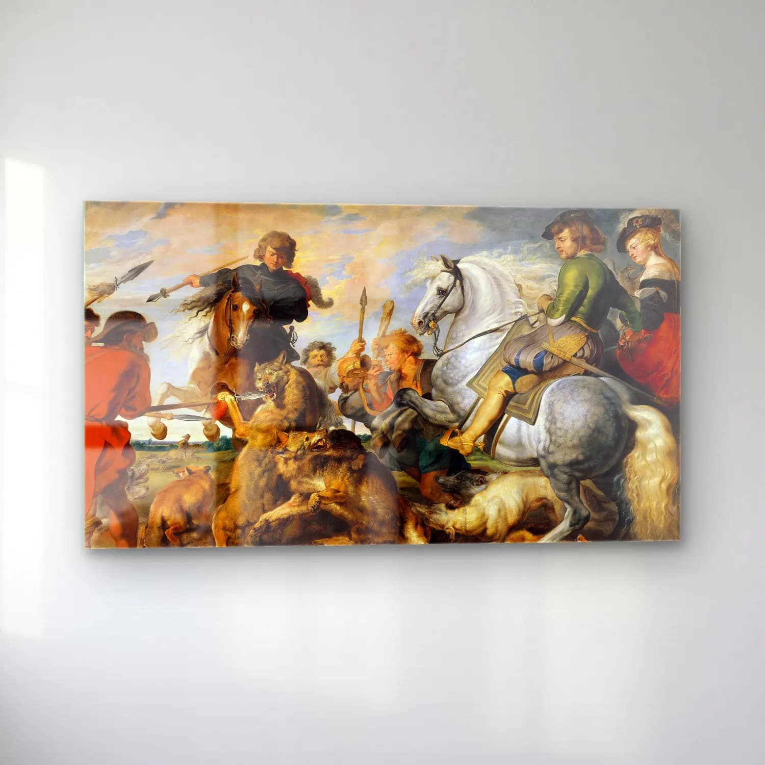 Peter Paul Rubens – Wolf and Fox Hunt (ca. 1616) cam tablo — sol açıdan görünüm