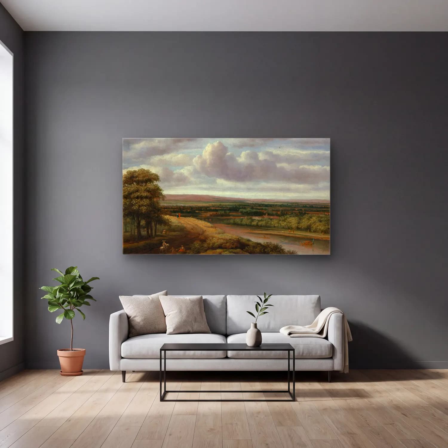 Philips Koninck – An Extensive Wooded Landscape cam tablo — gri duvarlı salonda