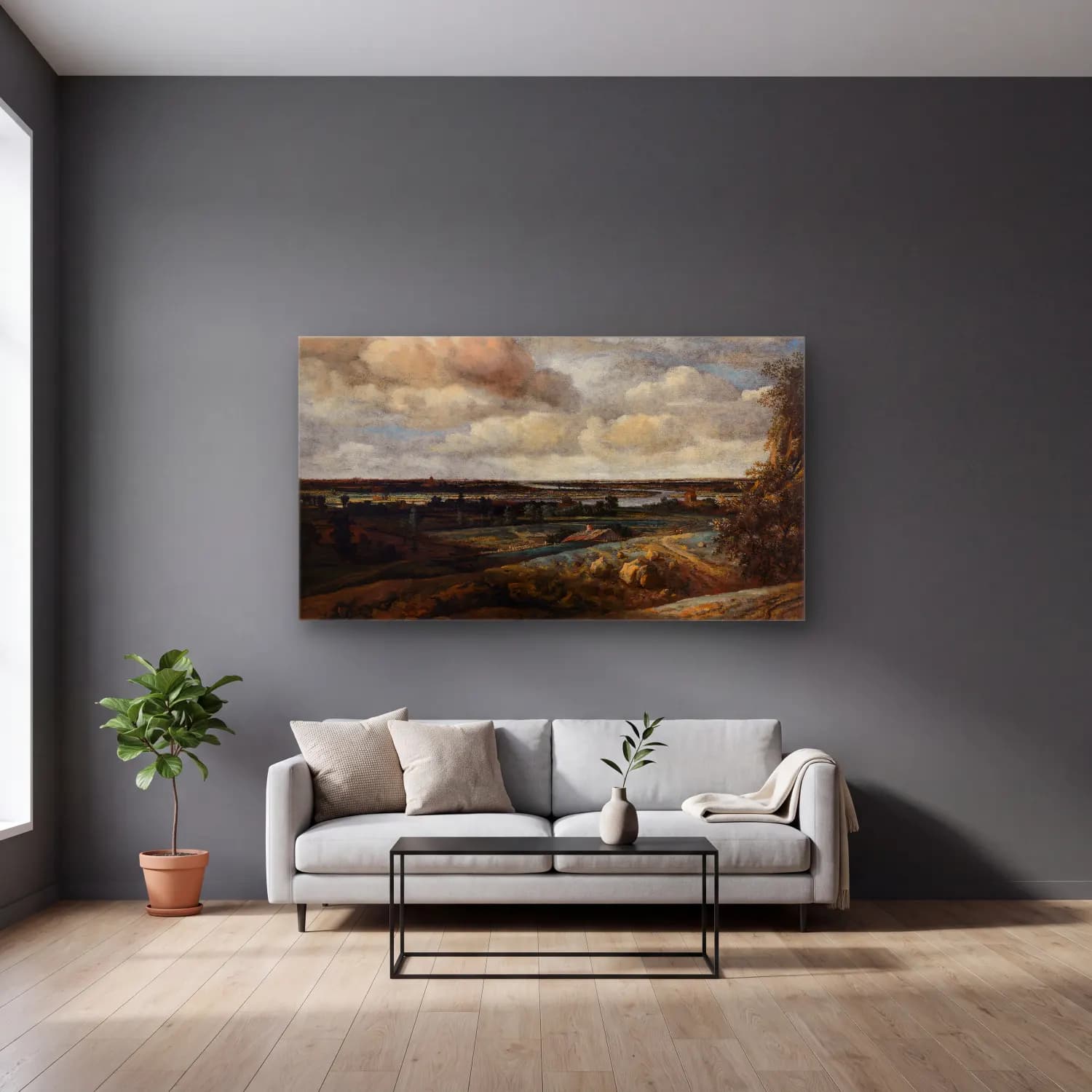 Philips Koninck – Dutch Panorama Landscape with a Distant View of Haarlem cam tablo — gri duvarlı salonda