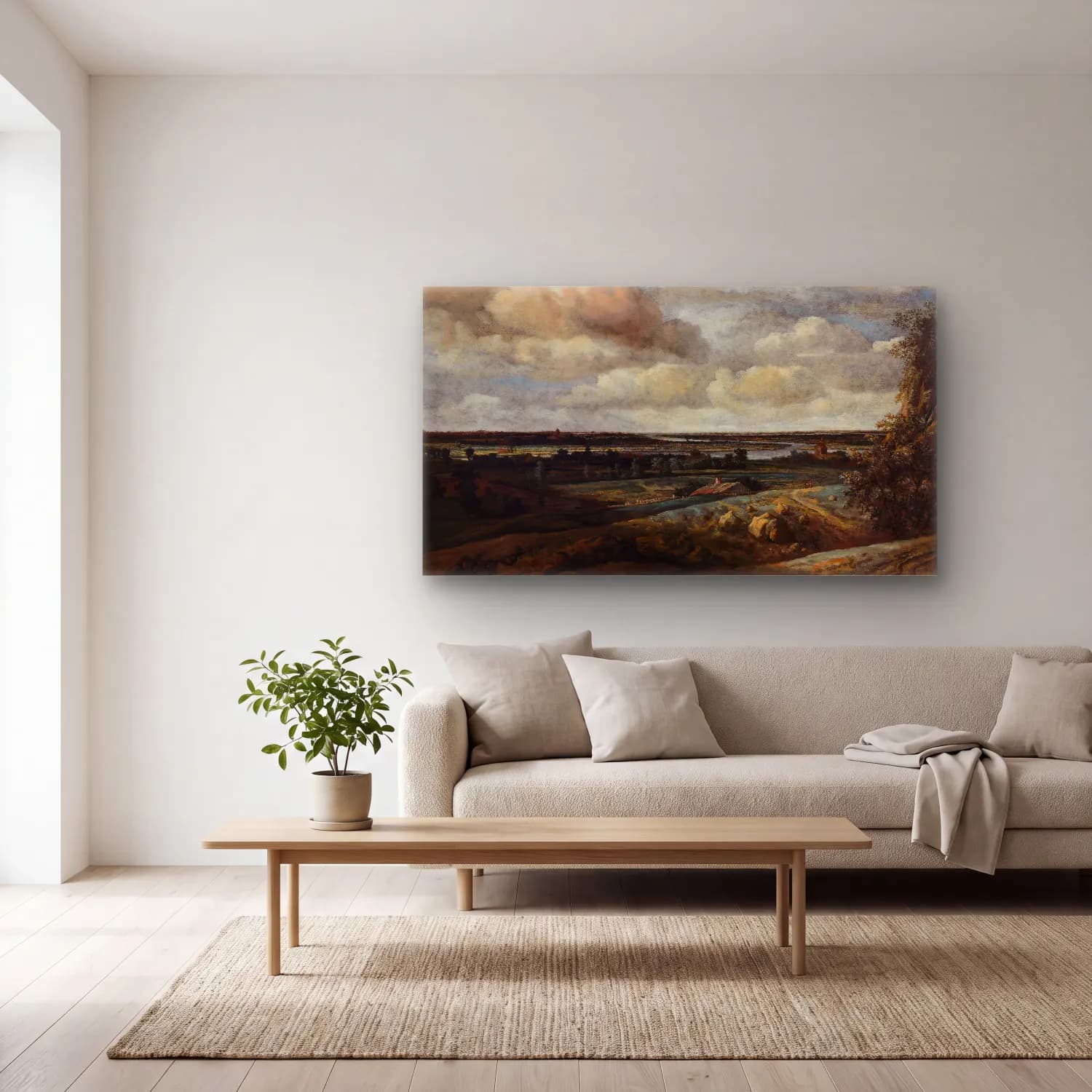 Philips Koninck – Dutch Panorama Landscape with a Distant View of Haarlem cam tablo — açık renk salonda