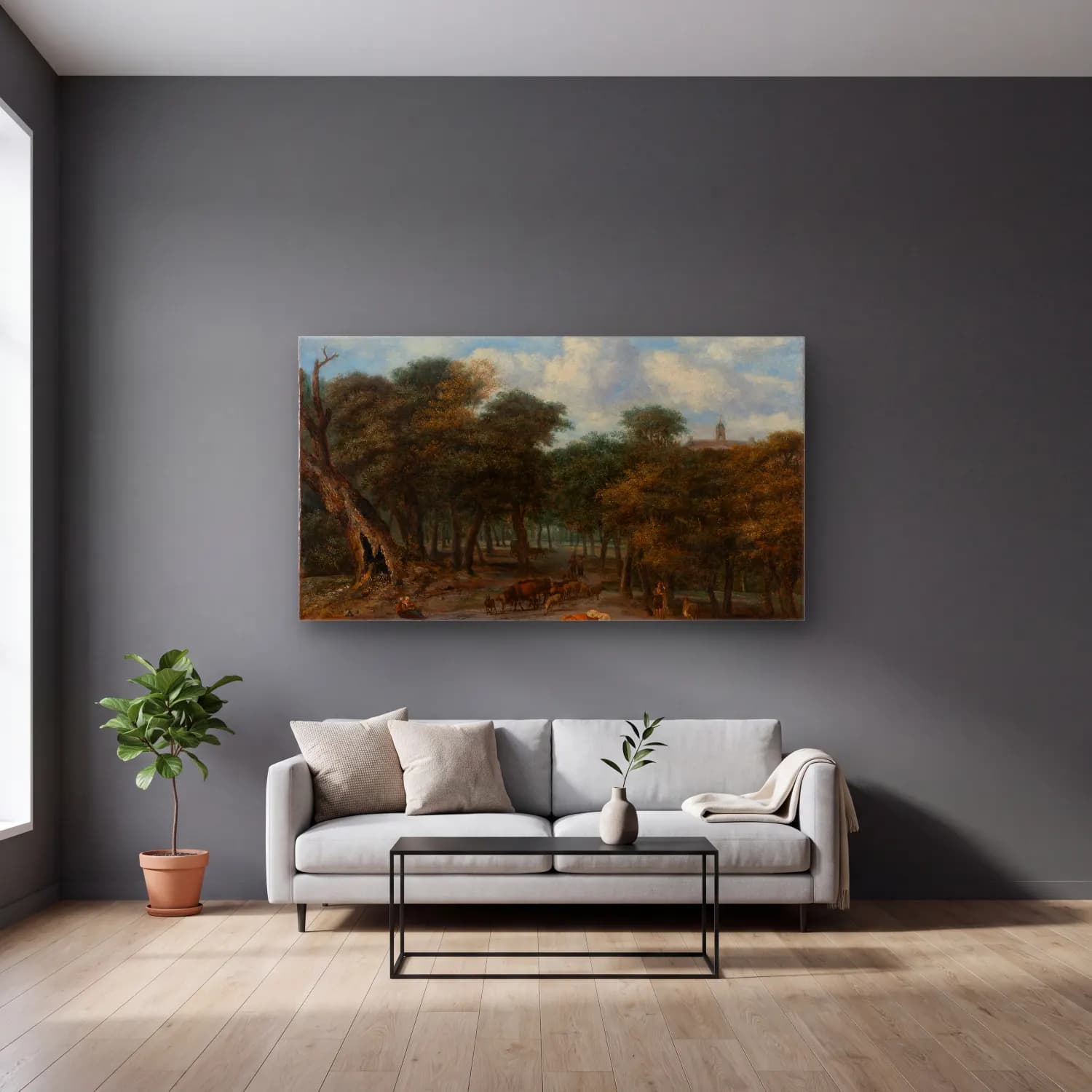 Philips Koninck – Forest Clearing with Cattle (circa 1665-1670) cam tablo — gri duvarlı salonda