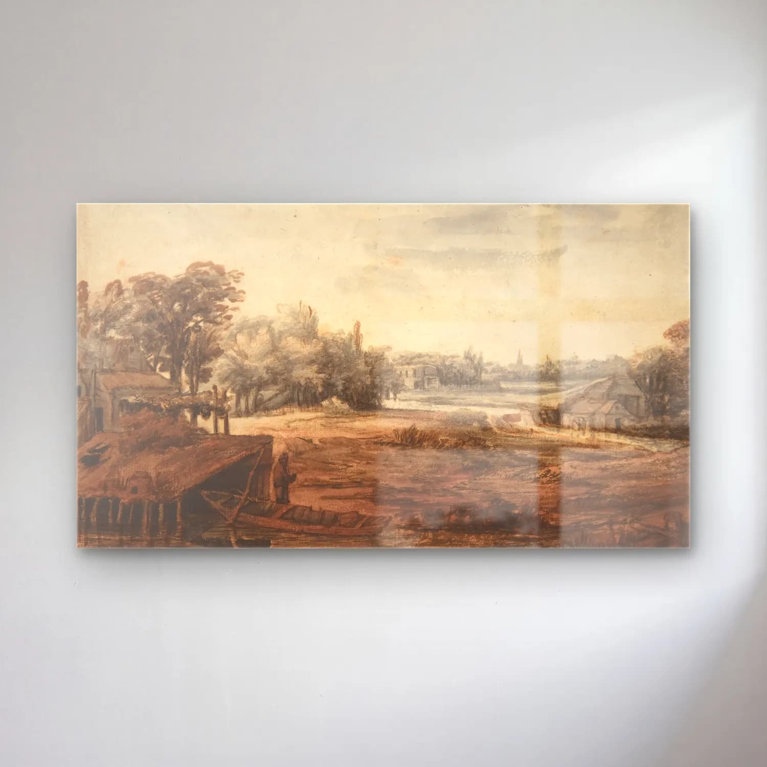 Philips Koninck – River Landscape with a Man Standing by a Boathouse… cam tablo — Philips Koninck – River Landscape with a Man Standing by a Boathouse… — suluboya kırda nehir