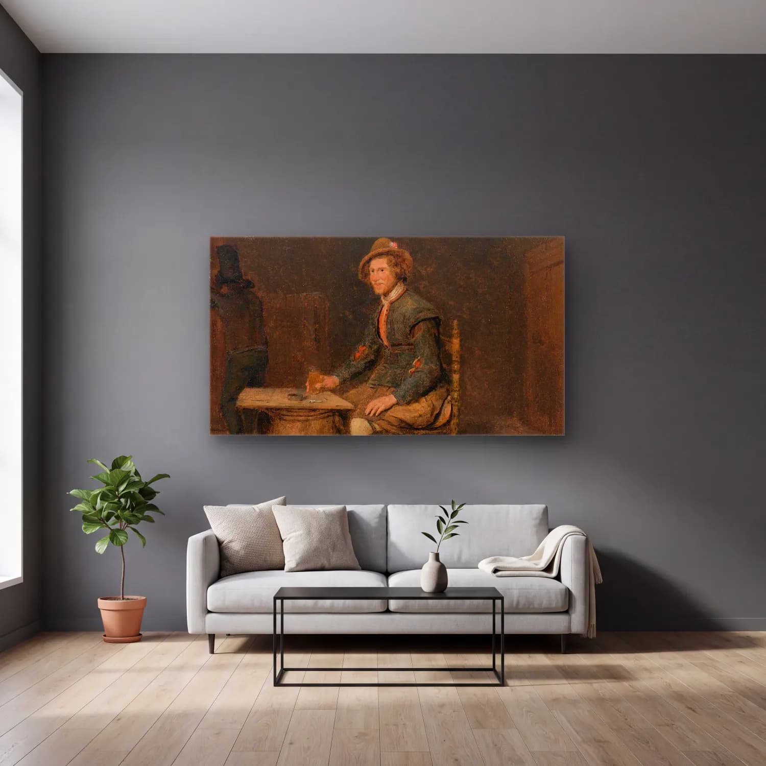 Philips Koninck – Seated Hunter In A Tavern cam tablo — gri duvarlı salonda