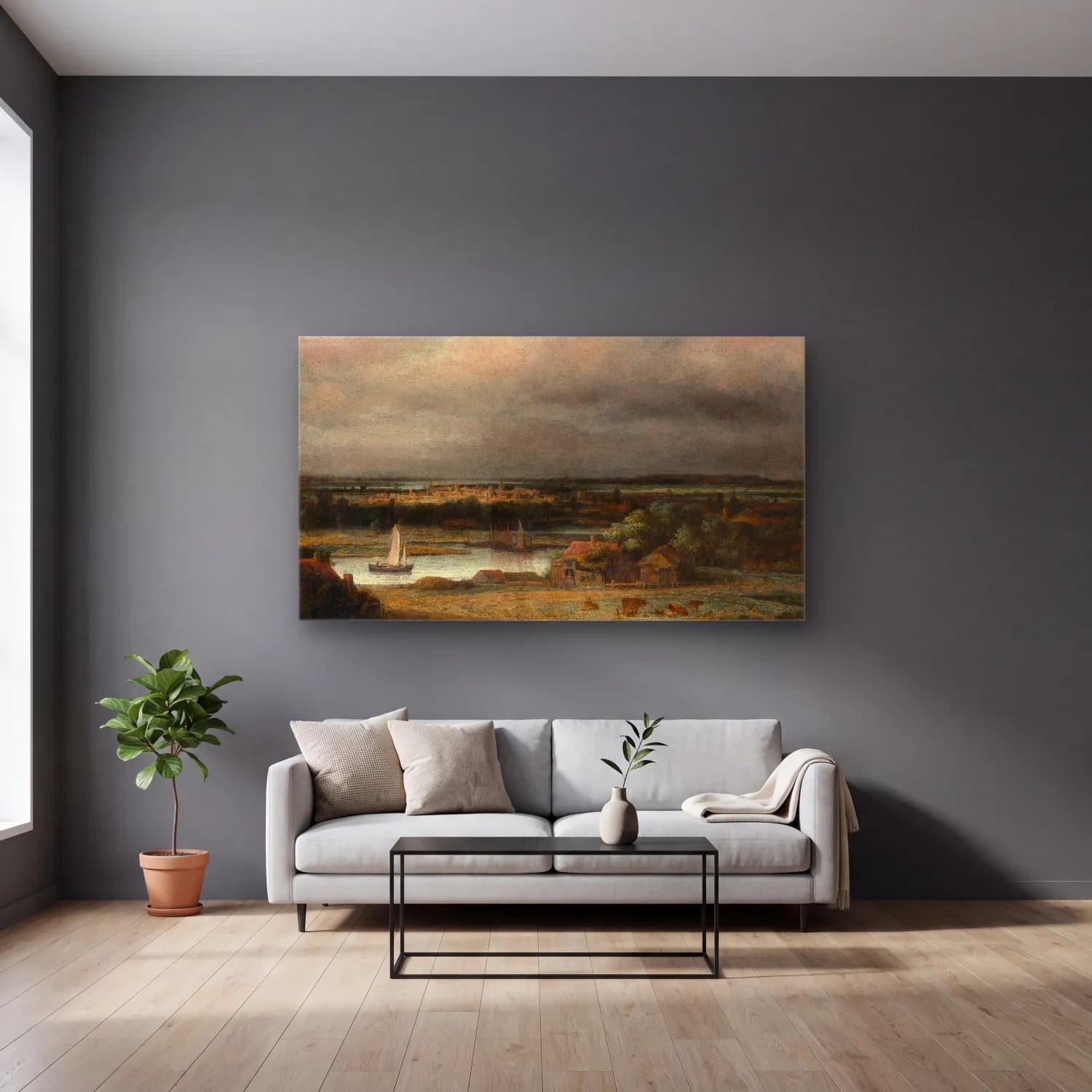 Philips Koninck – Wide River Landscape (ca. 1648–49) cam tablo — gri duvarlı salonda
