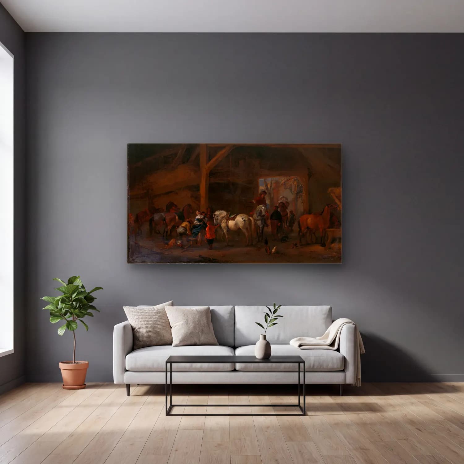 Philips Wouwerman – A Stable cam tablo — gri duvarlı salonda