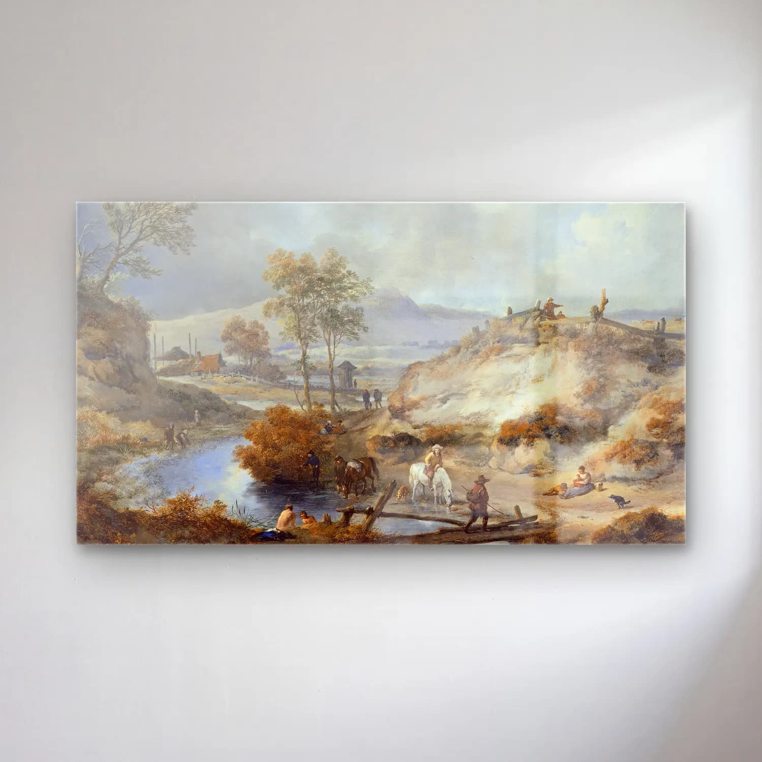 Philips Wouwerman – A Stream in Hilly Country (Late 1650s) cam tablo — Philips Wouwerman – A Stream in Hilly Country (Late 1650s) — yağlı boya kırda nehir