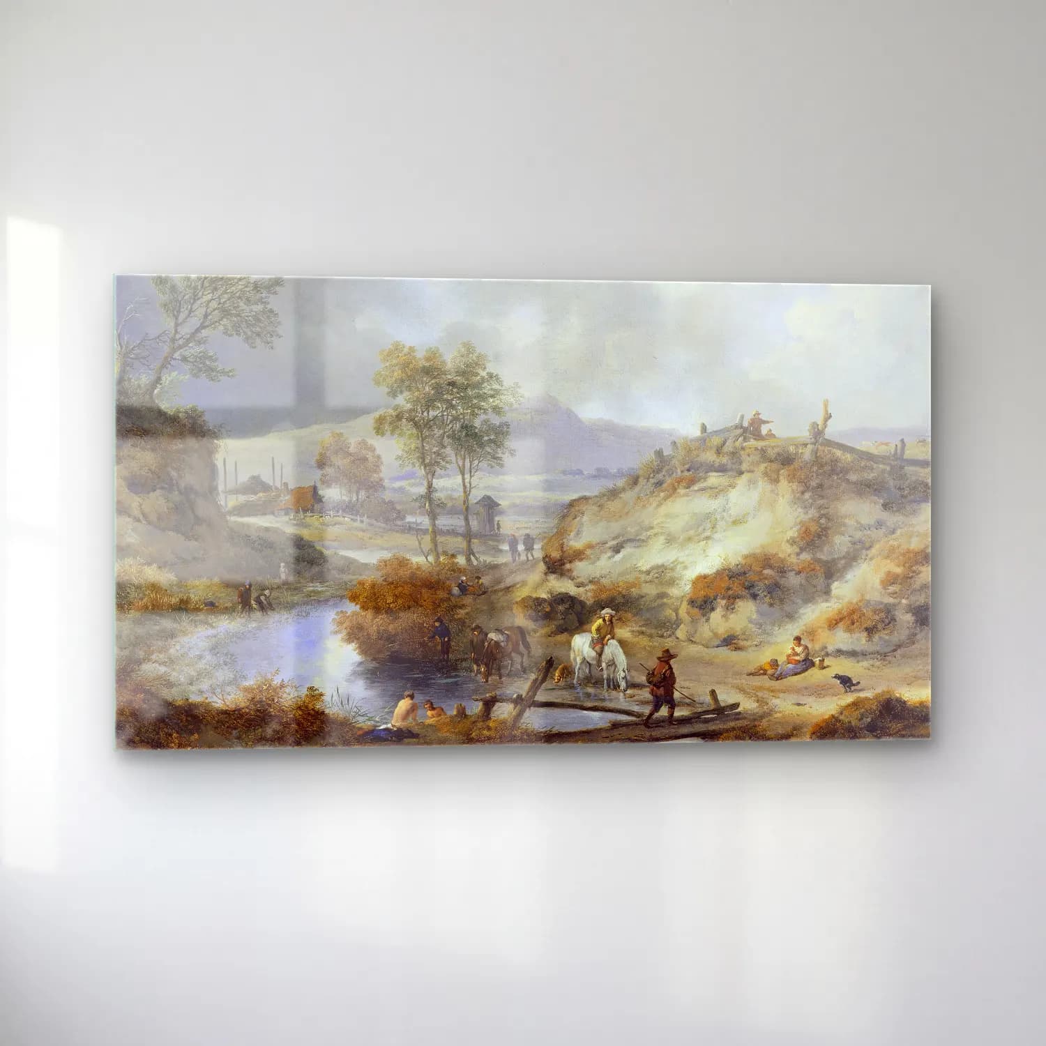 Philips Wouwerman – A Stream in Hilly Country (Late 1650s) cam tablo — sol açıdan görünüm