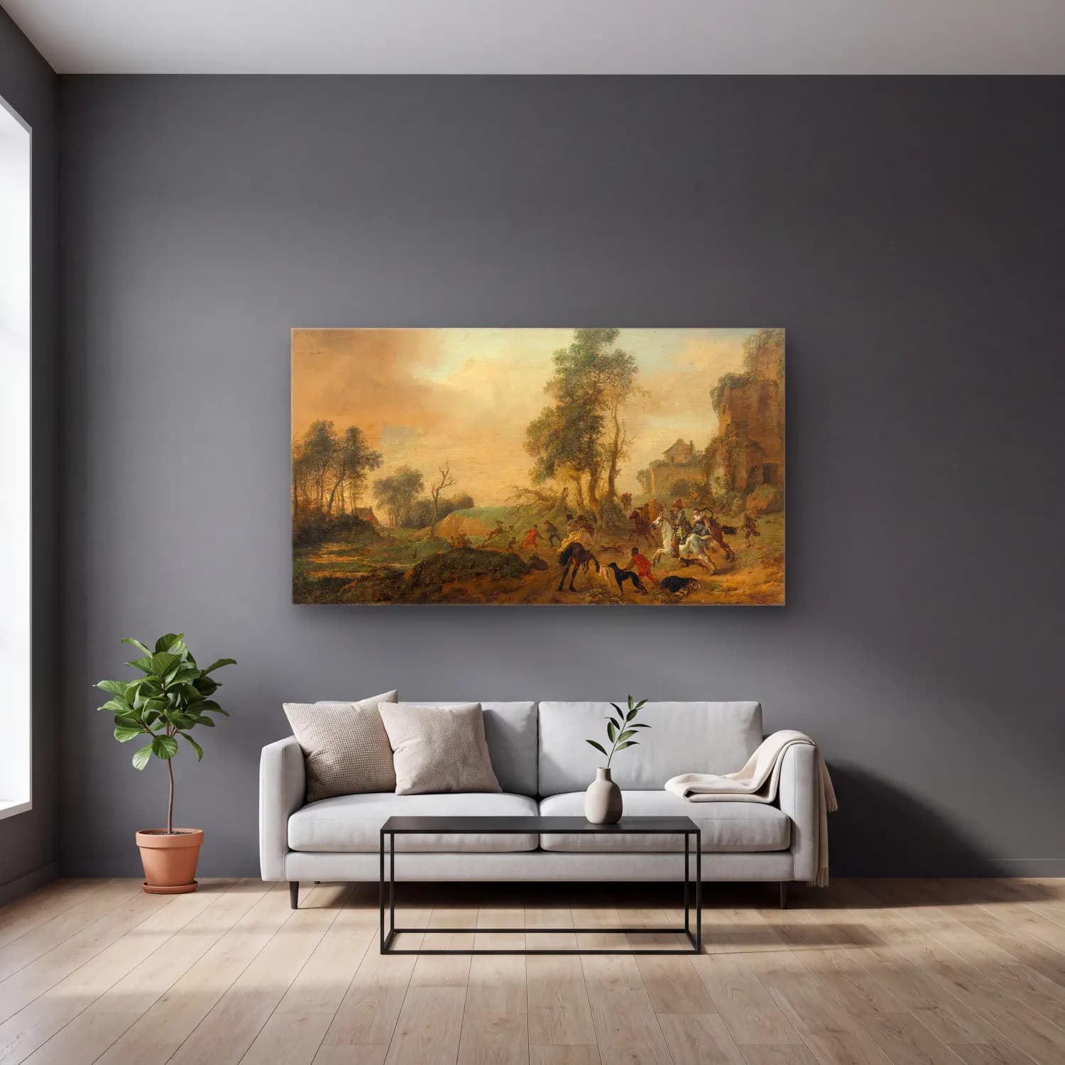 Philips Wouwerman – A stag hunt cam tablo — gri duvarlı salonda