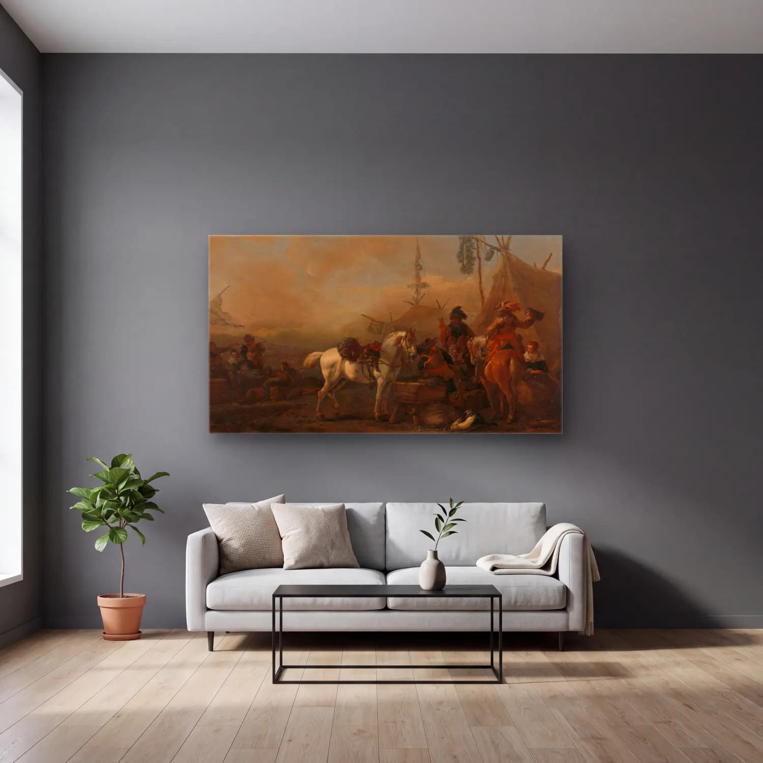 Philips Wouwerman – An Army Camp cam tablo — gri duvarlı salonda