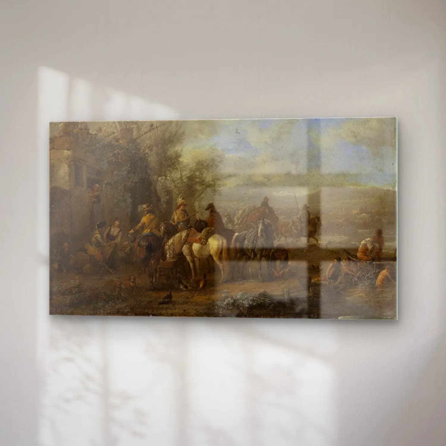 Philips Wouwerman – Armed Riders in Front of an Inn (ca 1660) cam tablo — sağ açıdan görünüm
