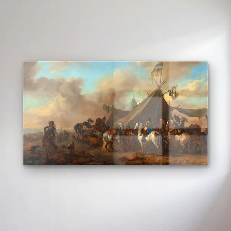 Philips Wouwerman – Army Camp cam tablo — Philips Wouwerman – Army Camp — yağlı boya savaş sahnesi