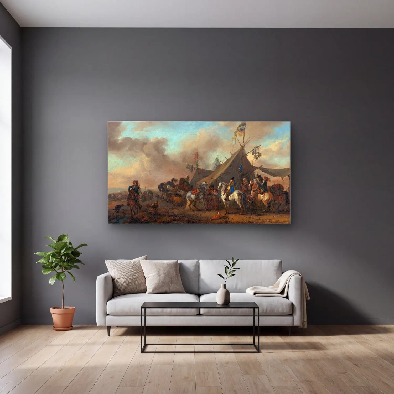 Philips Wouwerman – Army Camp cam tablo — gri duvarlı salonda
