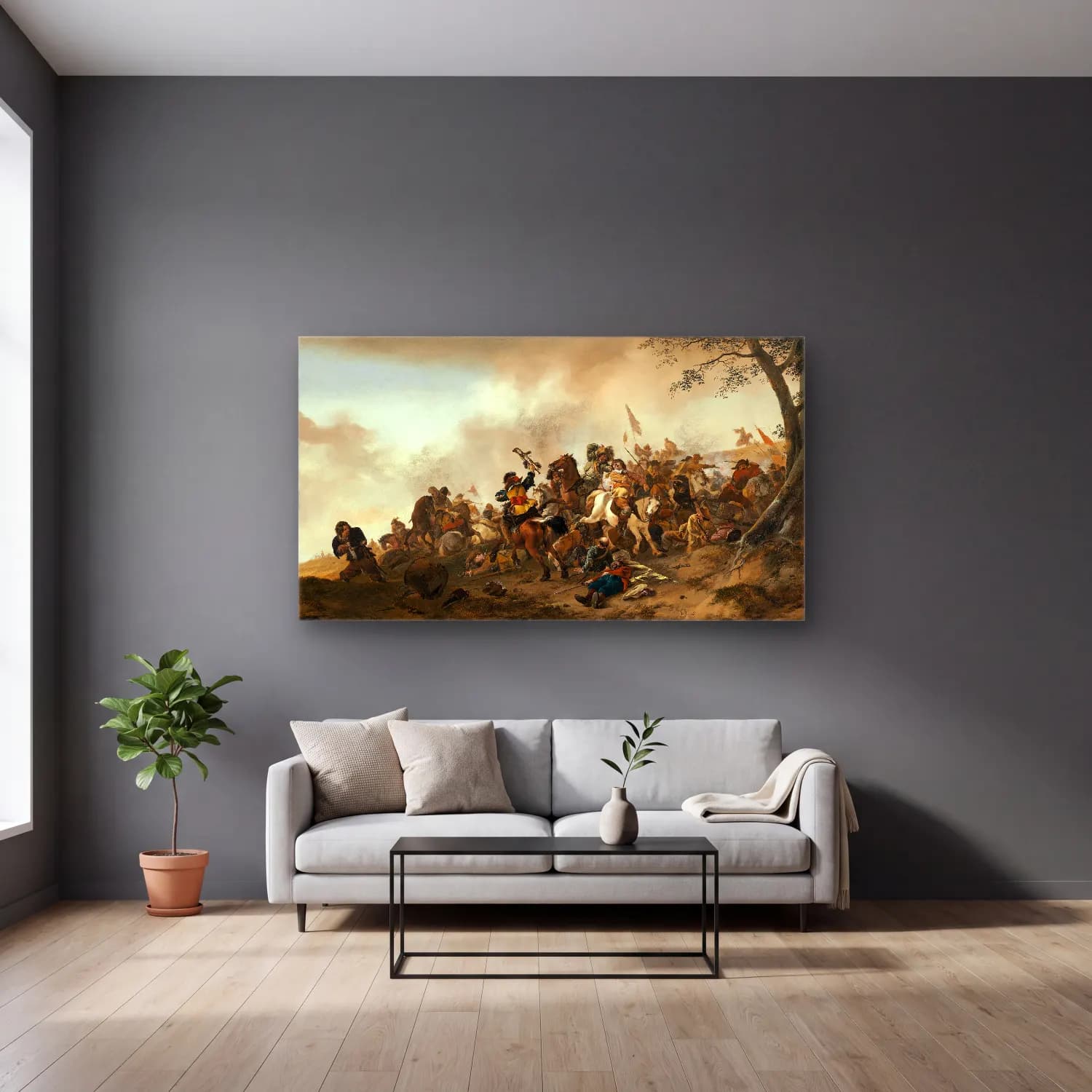 Philips Wouwerman – Battle Scene cam tablo — gri duvarlı salonda