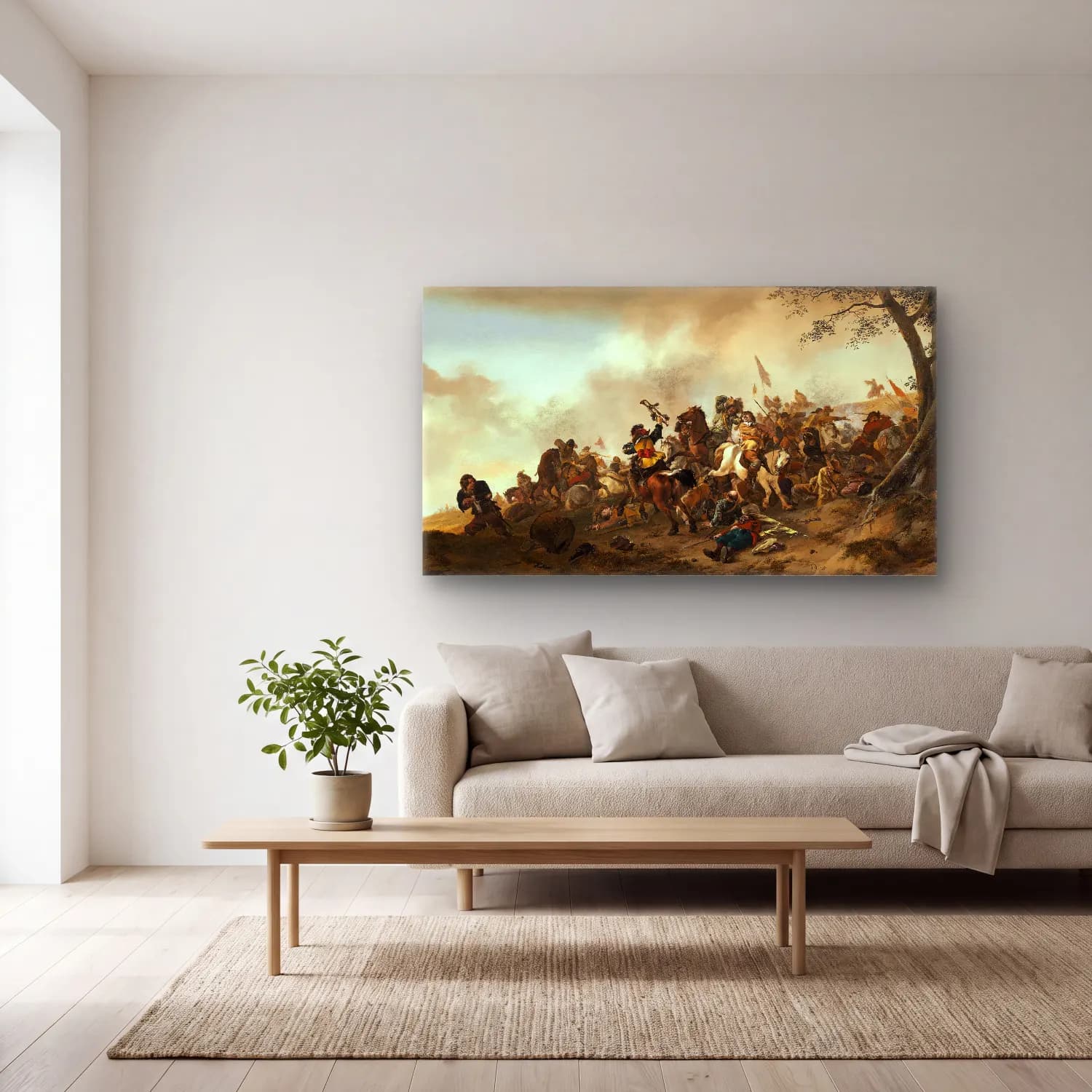 Philips Wouwerman – Battle Scene cam tablo — açık renk salonda