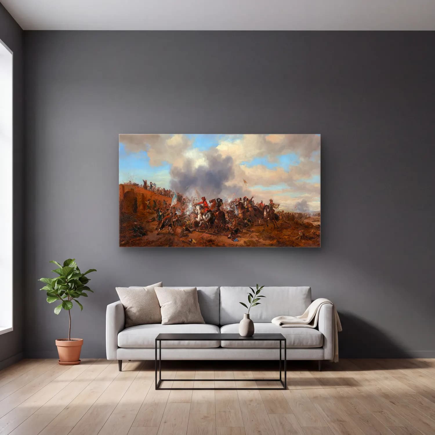Philips Wouwerman – Battle Scene – Bej Tonlar cam tablo — gri duvarlı salonda
