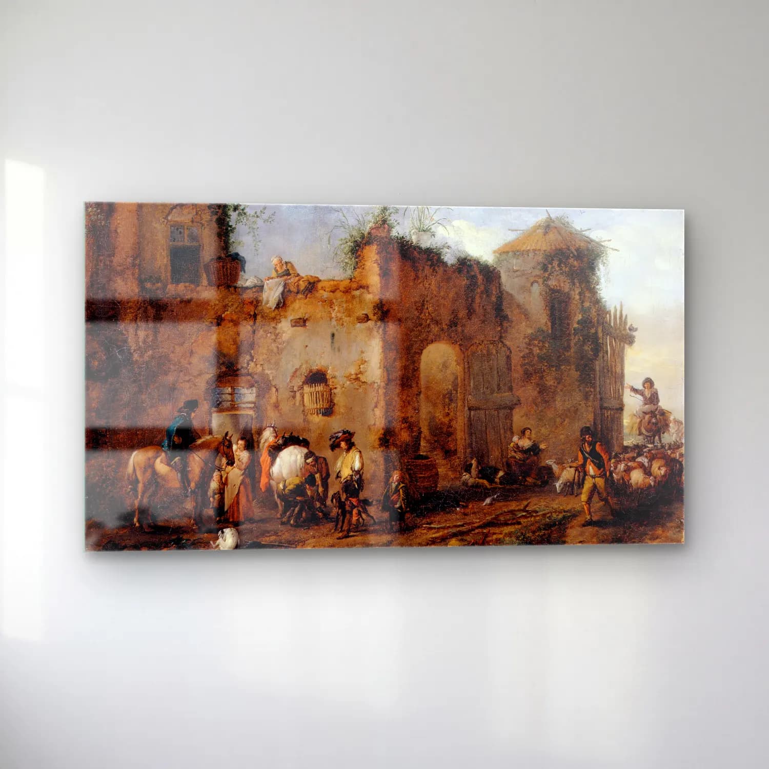 Philips Wouwerman – Courtyard with a Farrier shoeing a Horse cam tablo — sol açıdan görünüm
