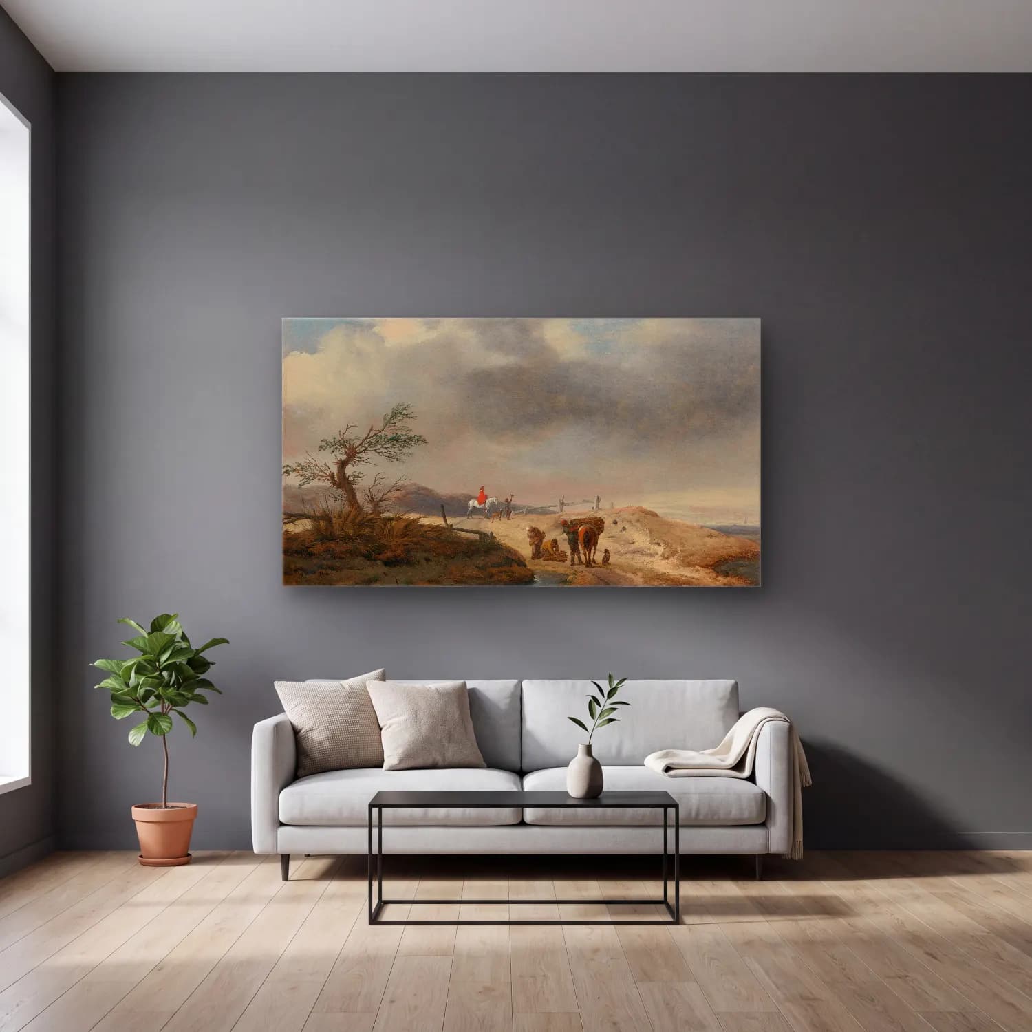 Philips Wouwerman – Dune Landscape With Figures cam tablo — gri duvarlı salonda