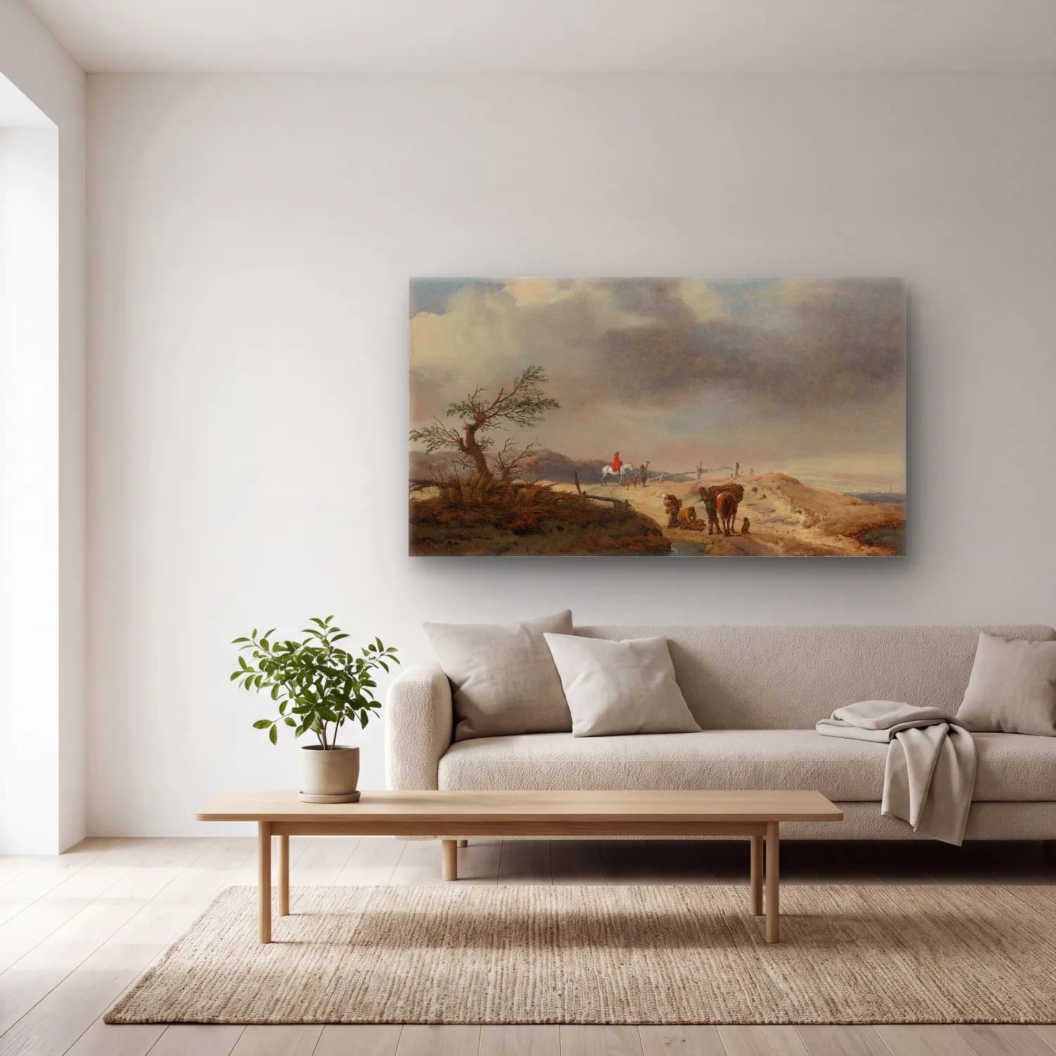 Philips Wouwerman – Dune Landscape With Figures cam tablo — açık renk salonda
