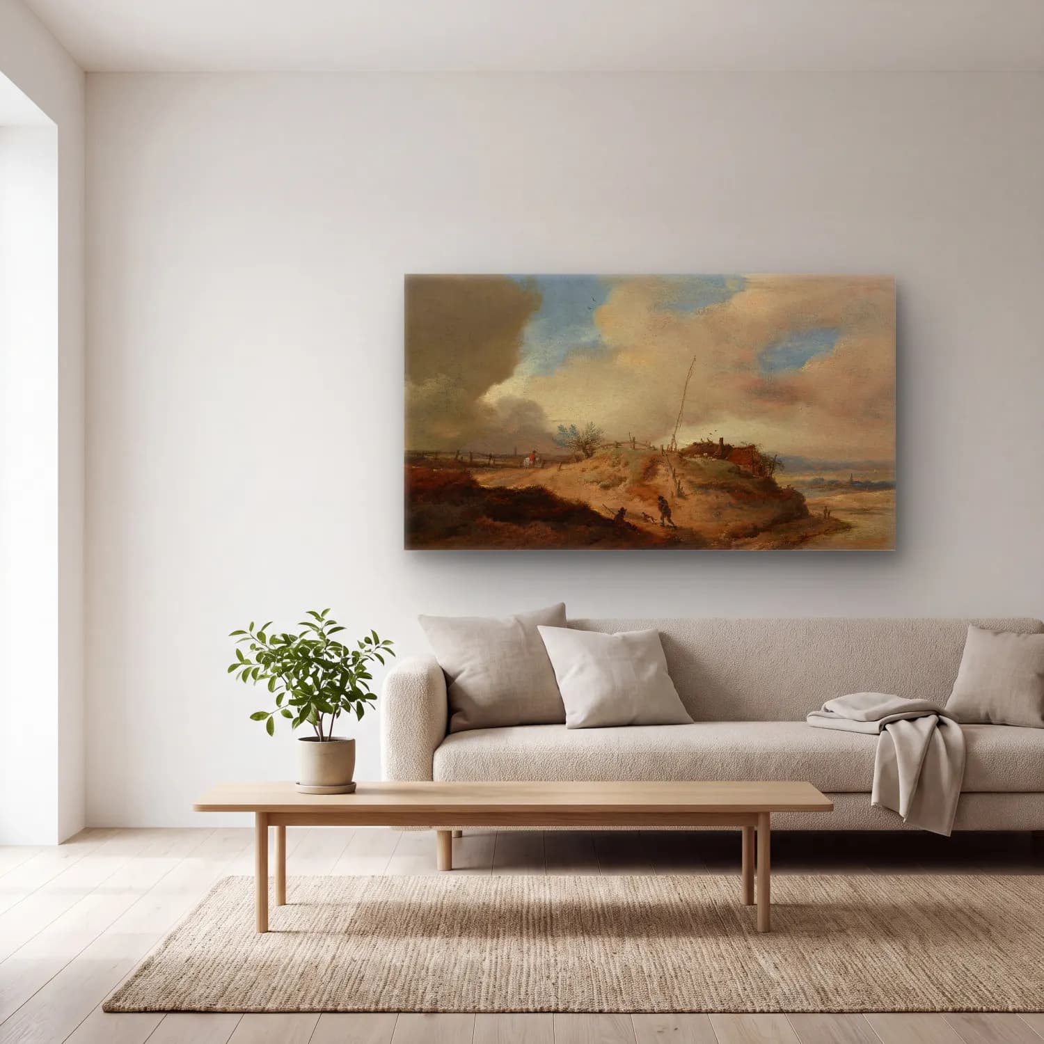 Philips Wouwerman – Dune Landscape with a Signal Post cam tablo — açık renk salonda