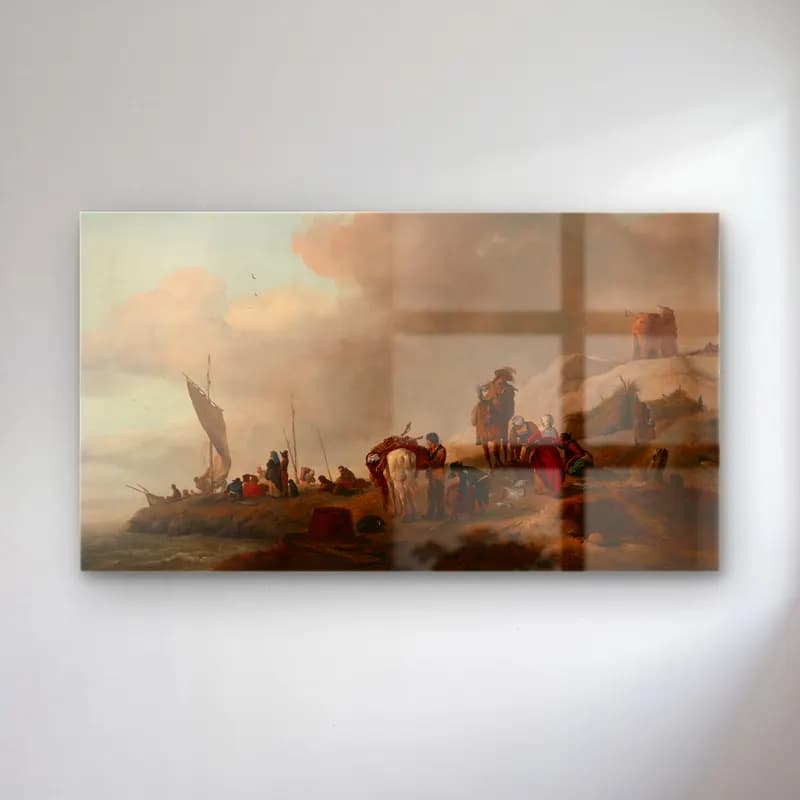 Philips Wouwerman – Fisherfolk unloading their catch on the seashore cam tablo — Philips Wouwerman – Fisherfolk unloading their catch on the seashore — yağlı boya sahilde i̇nsanlar