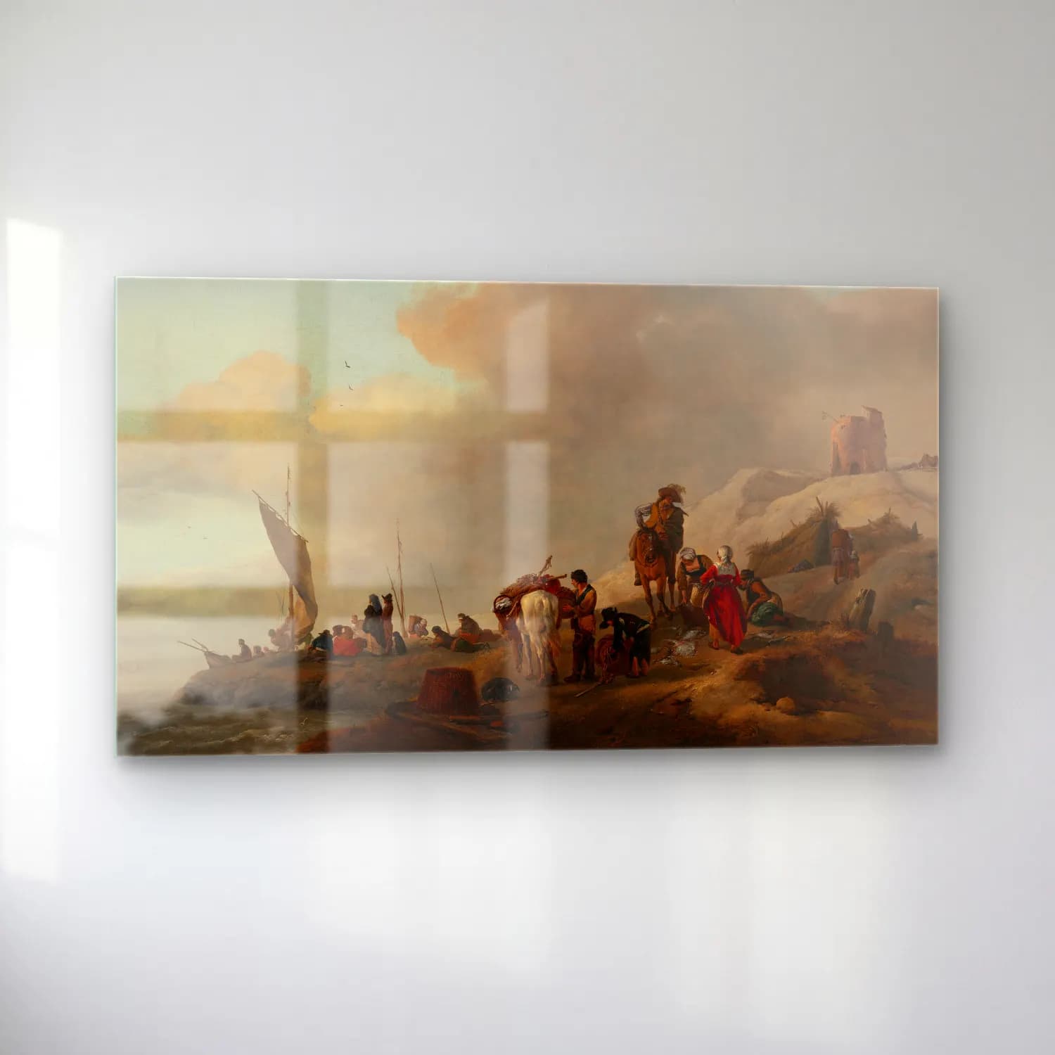 Philips Wouwerman – Fisherfolk unloading their catch on the seashore cam tablo — sol açıdan görünüm