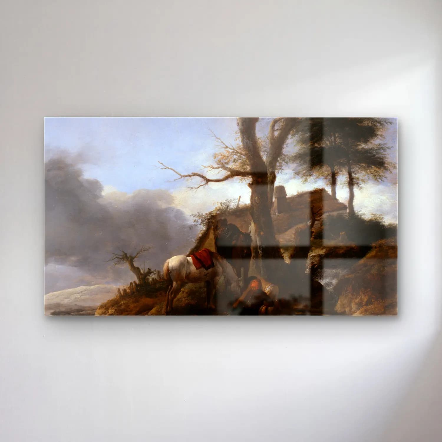 Philips Wouwerman – Halt of Travellers cam tablo — Philips Wouwerman – Halt of Travellers — yağlı boya mitolojik sahne