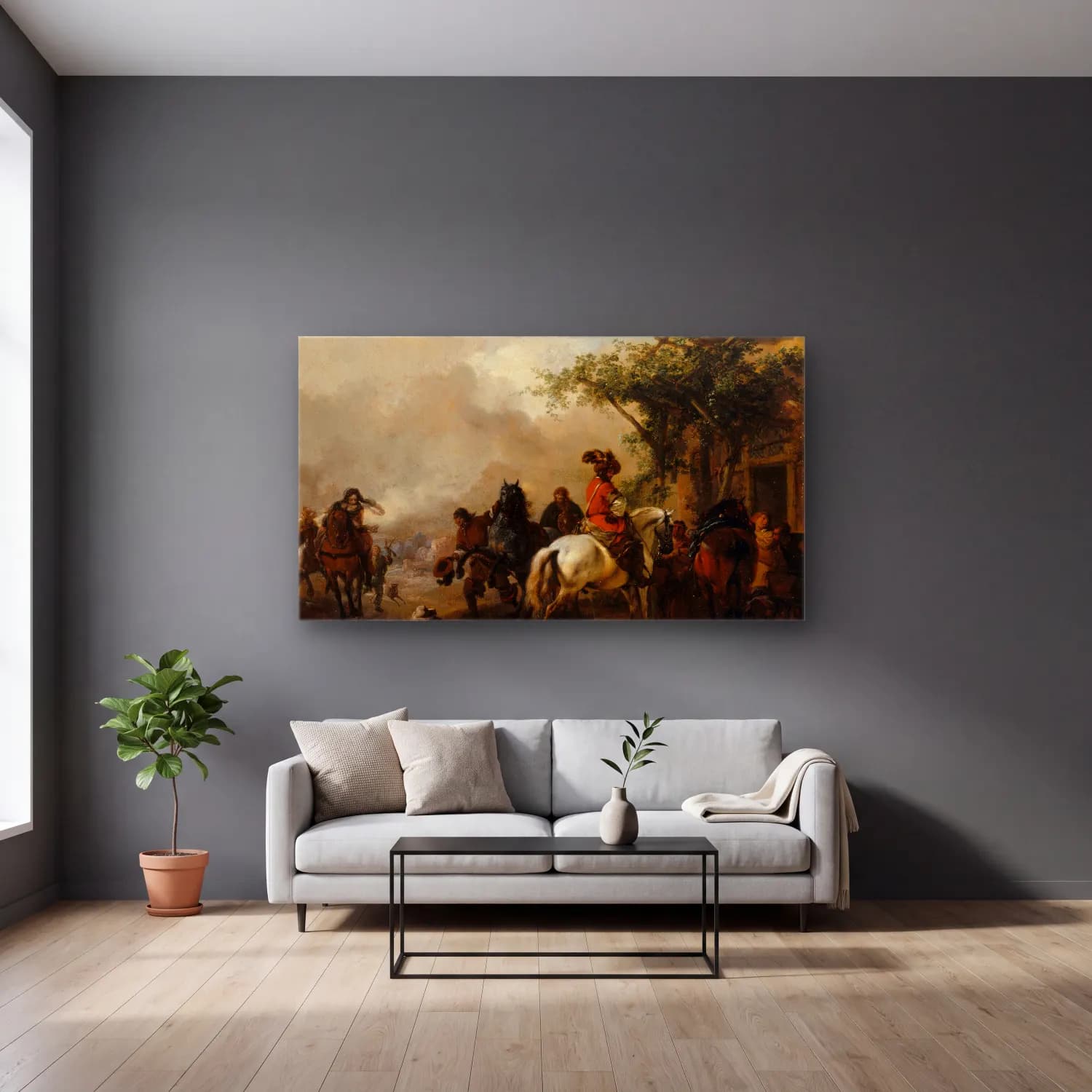 Philips Wouwerman – Halte de cavaliers cam tablo — gri duvarlı salonda