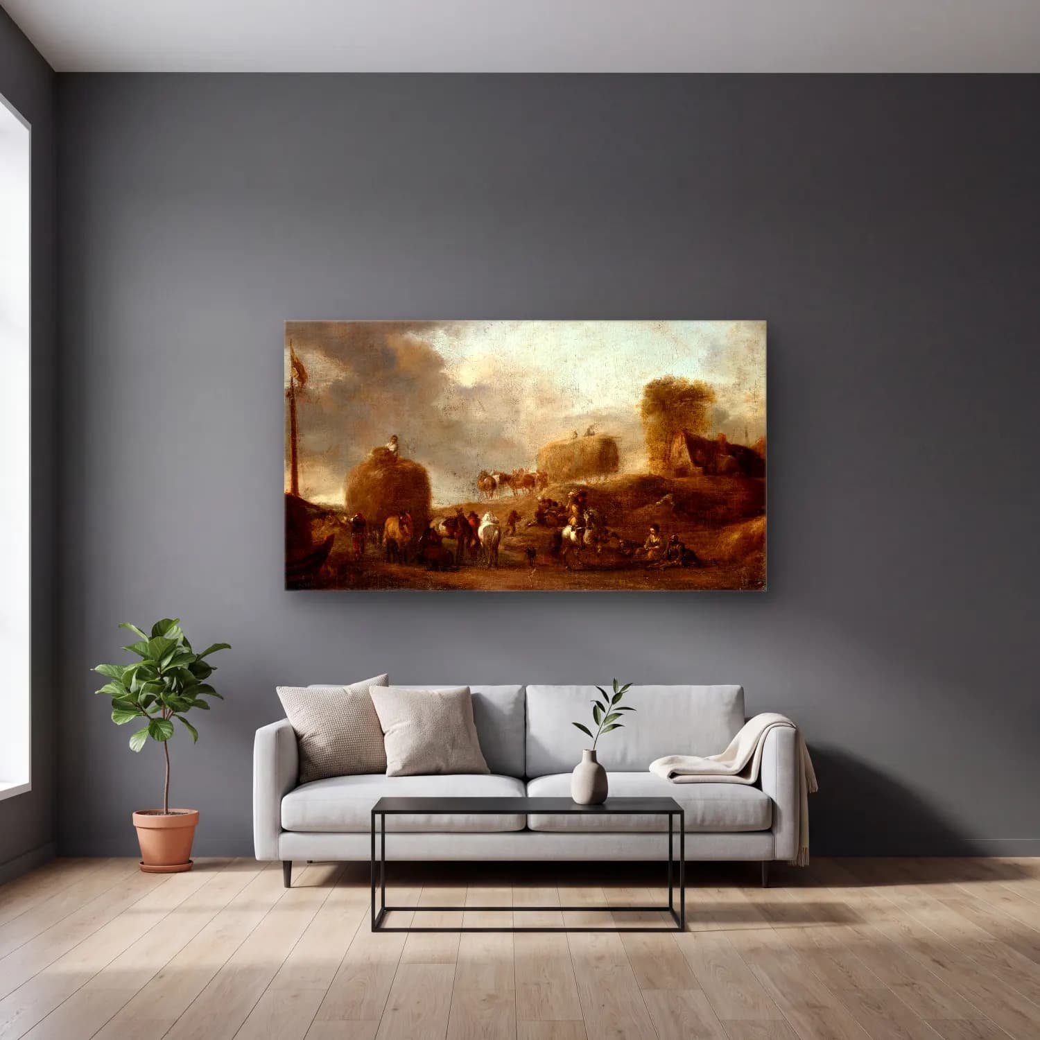Philips Wouwerman – Hay Harvest cam tablo — gri duvarlı salonda