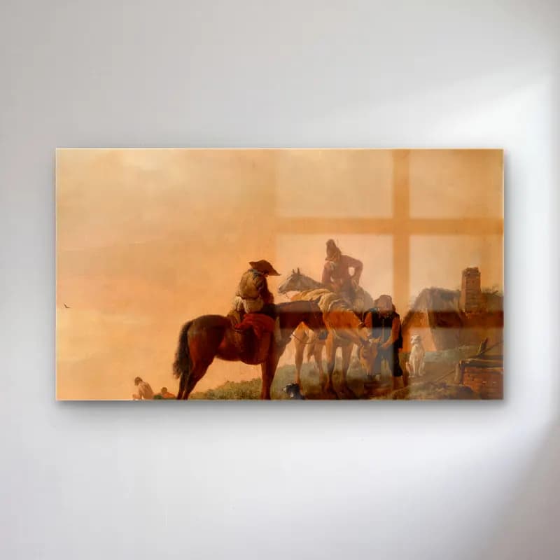 Philips Wouwerman – Horseman’s Stop – Bej Tonlar cam tablo — Philips Wouwerman – Horseman’s Stop – Bej Tonlar — yağlı boya atlı
