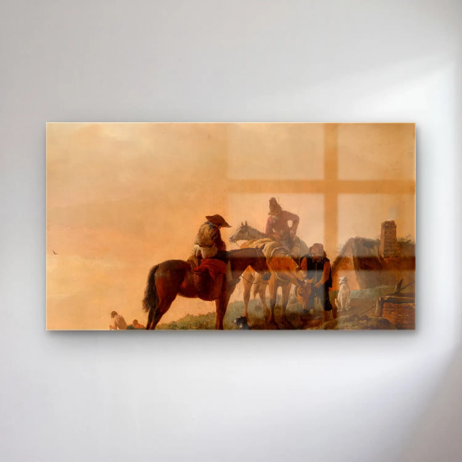 Philips Wouwerman – Horseman’s Stop – Bej Tonlar cam tablo — Philips Wouwerman – Horseman’s Stop – Bej Tonlar — yağlı boya atlı