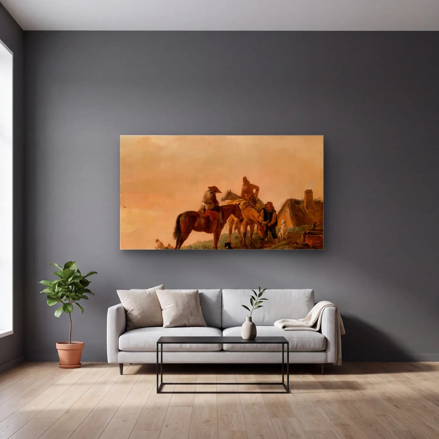 Philips Wouwerman – Horseman’s Stop – Bej Tonlar cam tablo — gri duvarlı salonda